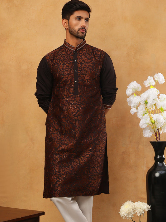 Men’s Silk Blend Embroidered Kurta Pyjama (65KP 5403 Coffee ) [FF] [B-1-2]