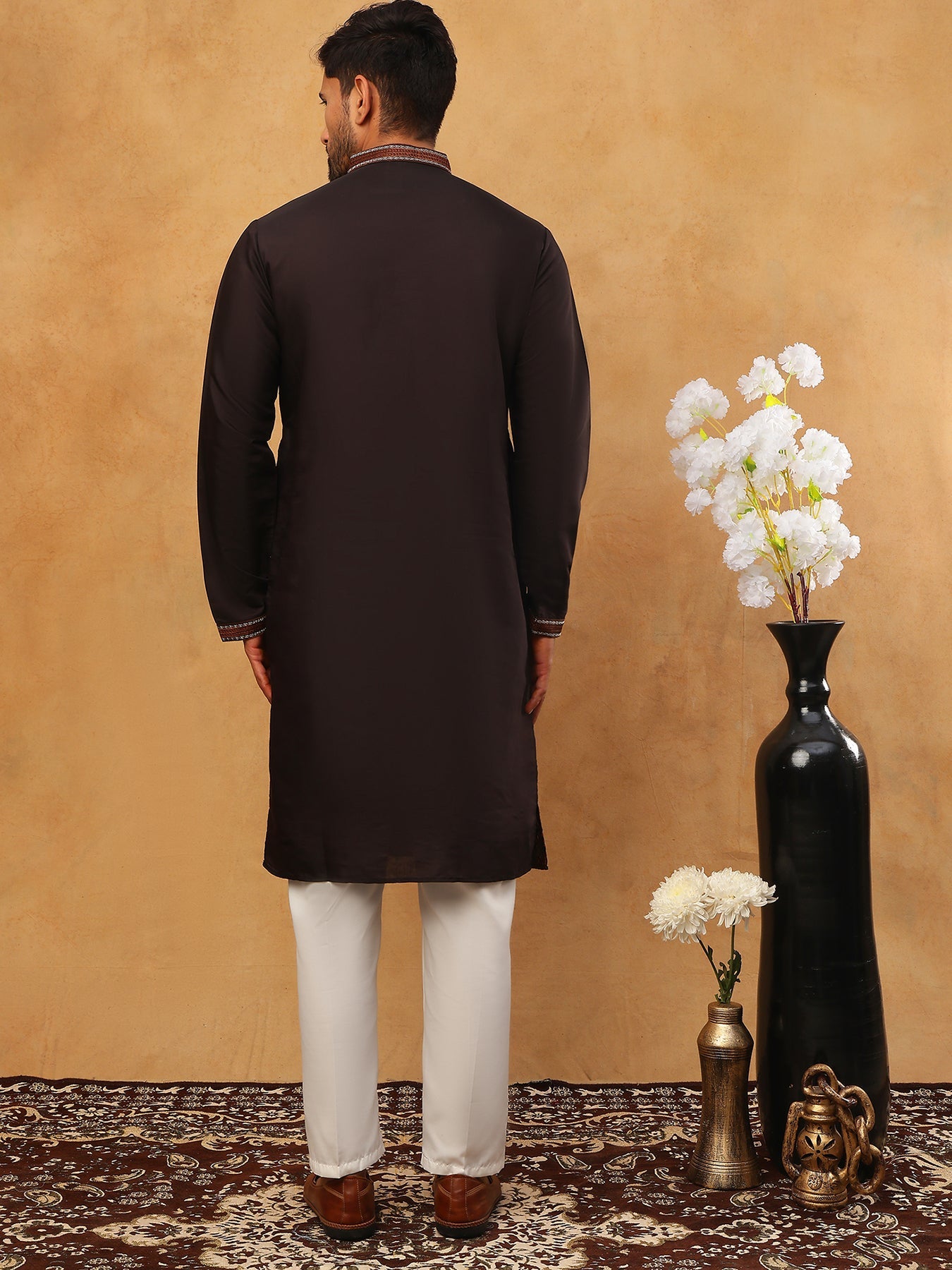 Men’s Silk Blend Embroidered Kurta Pyjama (65KP 5403 Coffee ) [FF] [B-1-2]