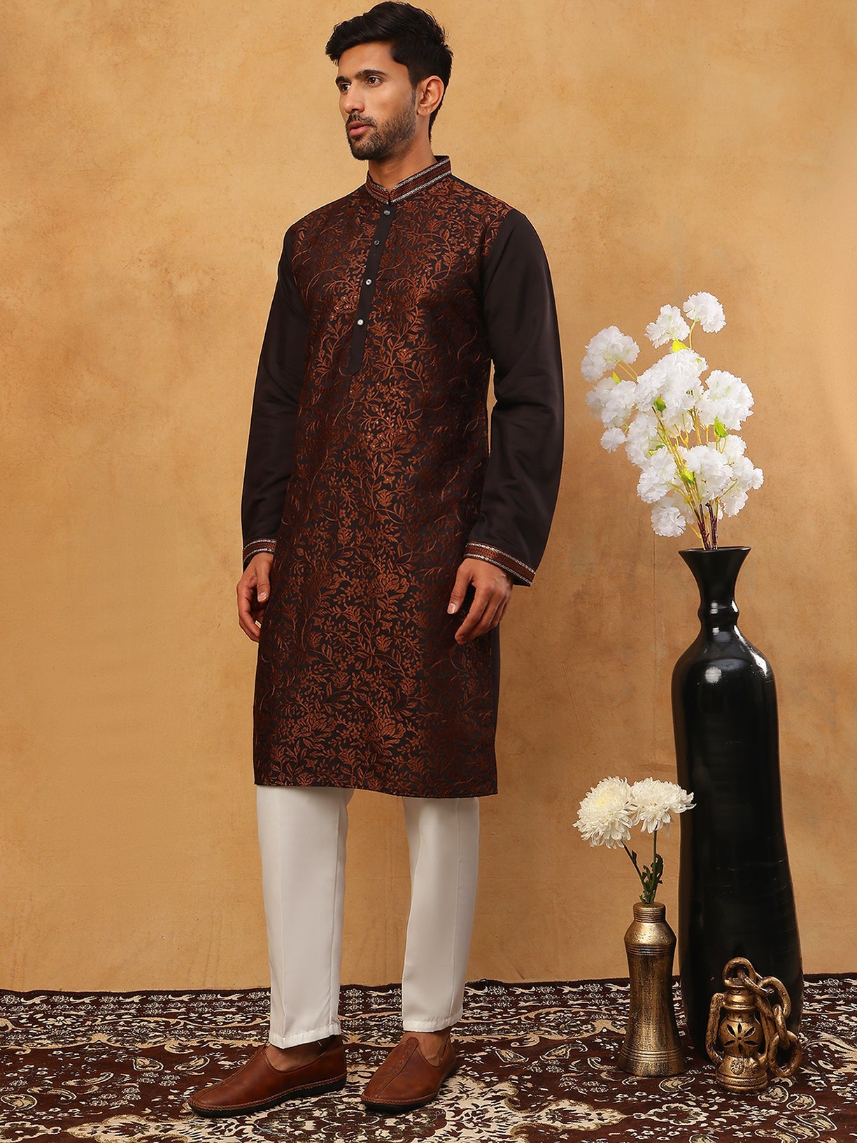 Men’s Silk Blend Embroidered Kurta Pyjama (65KP 5403 Coffee ) [FF] [B-1-2]