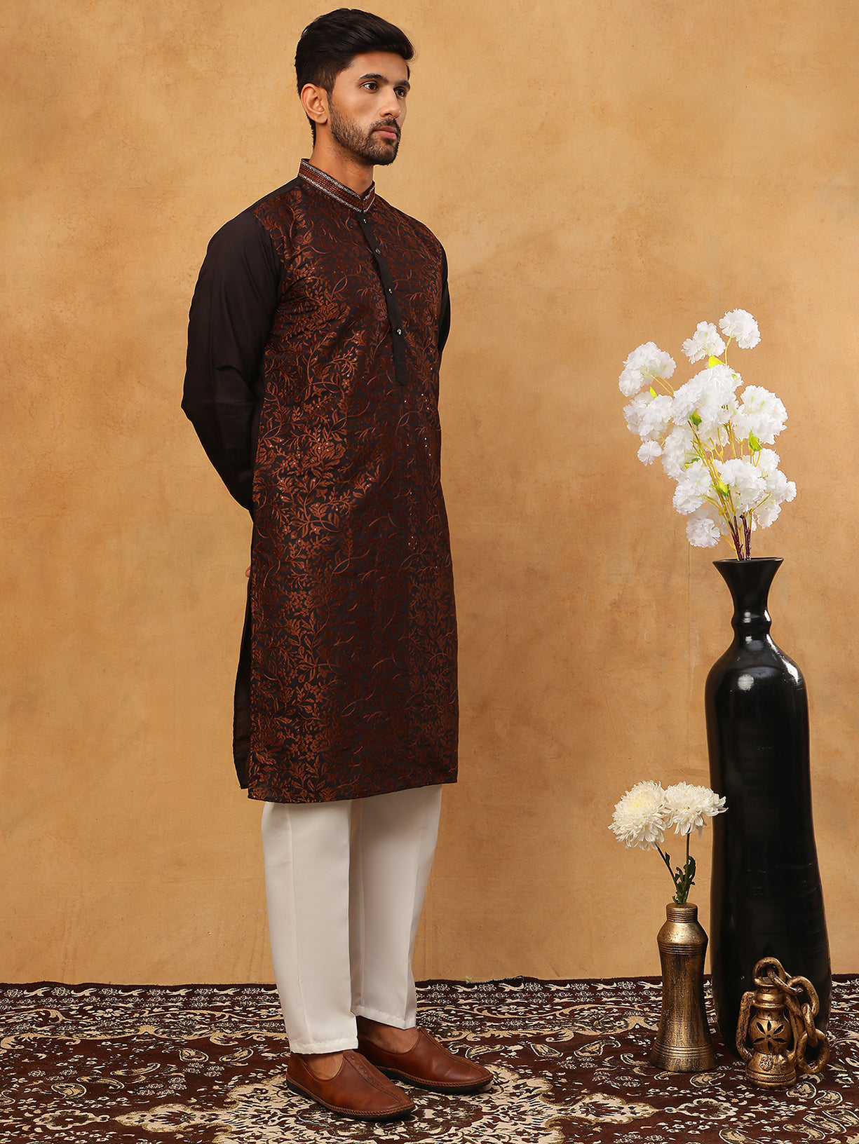 Men’s Silk Blend Embroidered Kurta Pyjama (65KP 5403 Coffee ) [FF] [B-1-2]