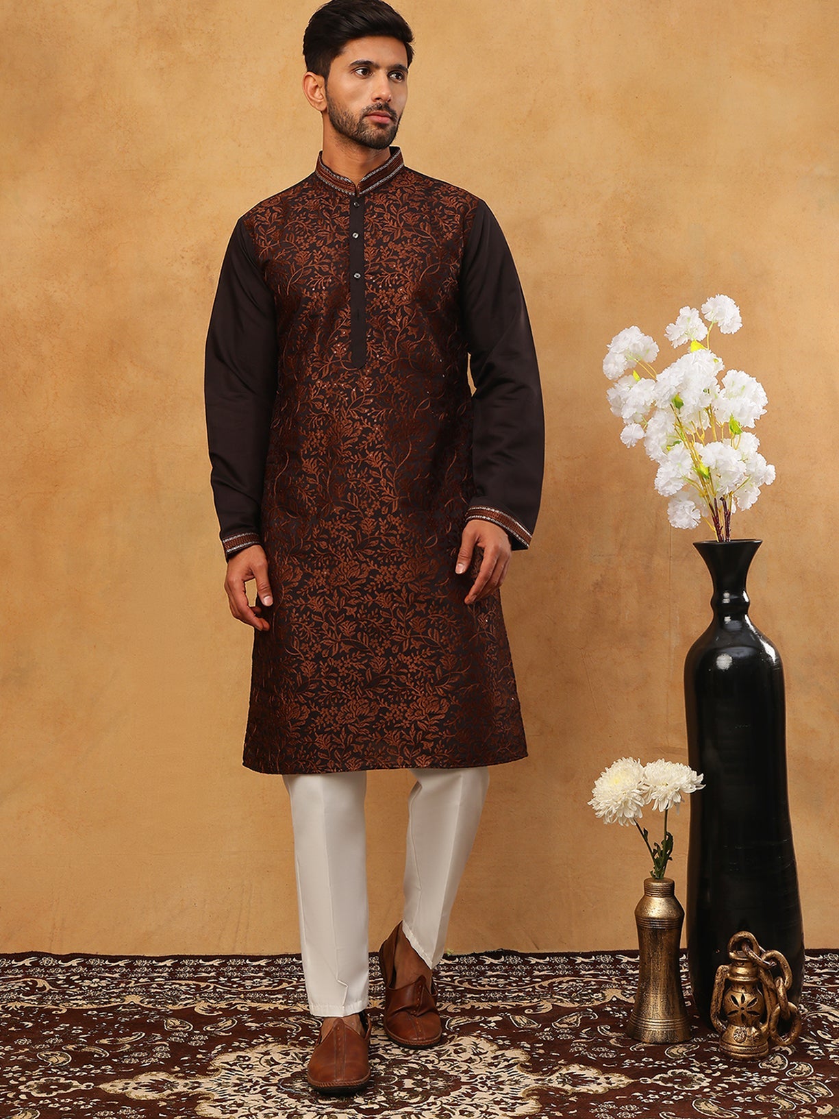 Men’s Silk Blend Embroidered Kurta Pyjama (65KP 5403 Coffee ) [FF] [B-1-2]