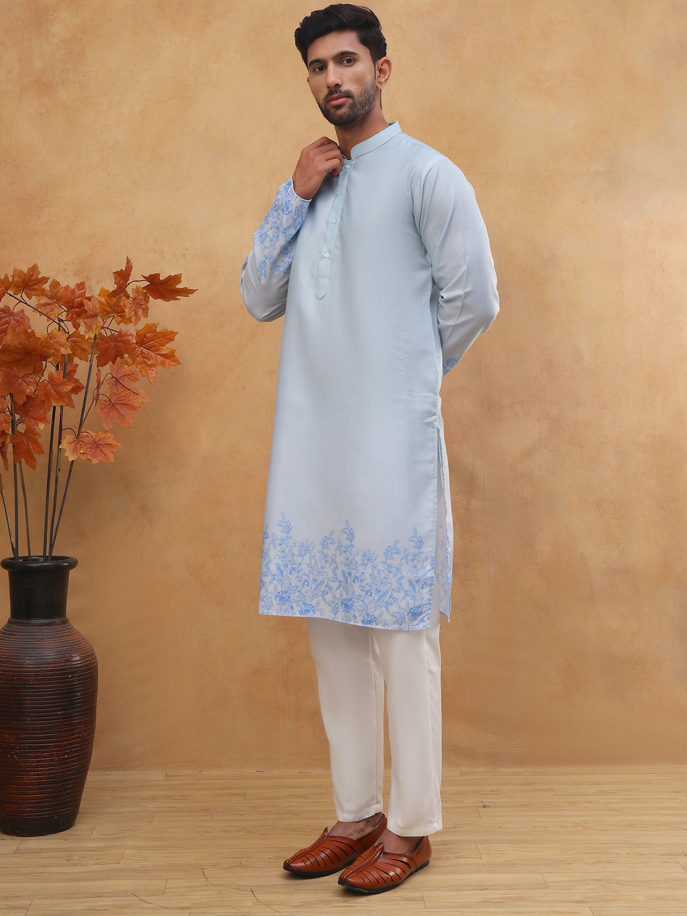 Men’s Cotton Blend Printed Kurta Pyjama (65KP 5404 Blue ) [FF] [B-1-2]
