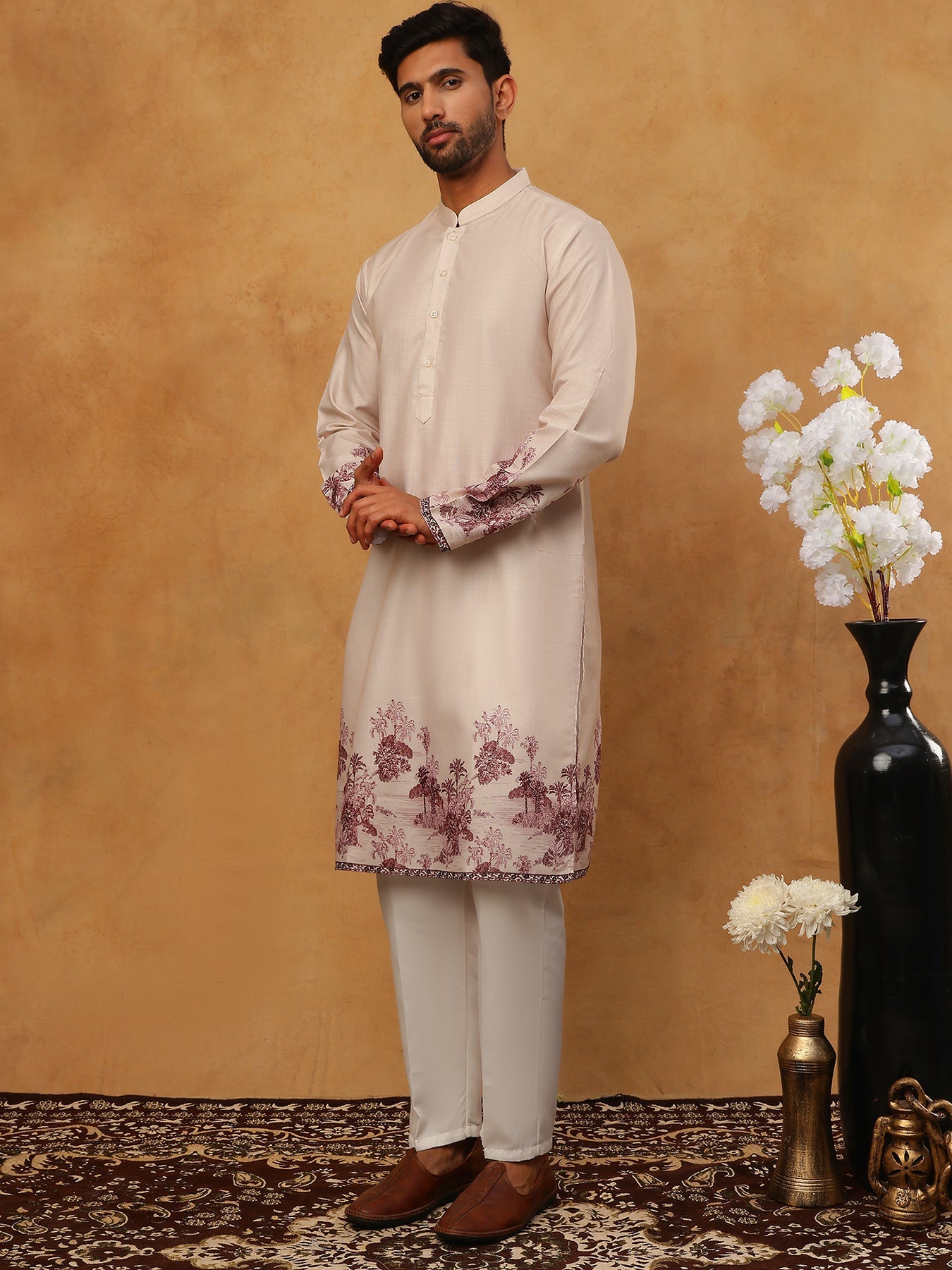 Men’s Cotton Blend Printed Kurta Pyjama (65KP 5404 Peach ) [FF] [B-1-2]