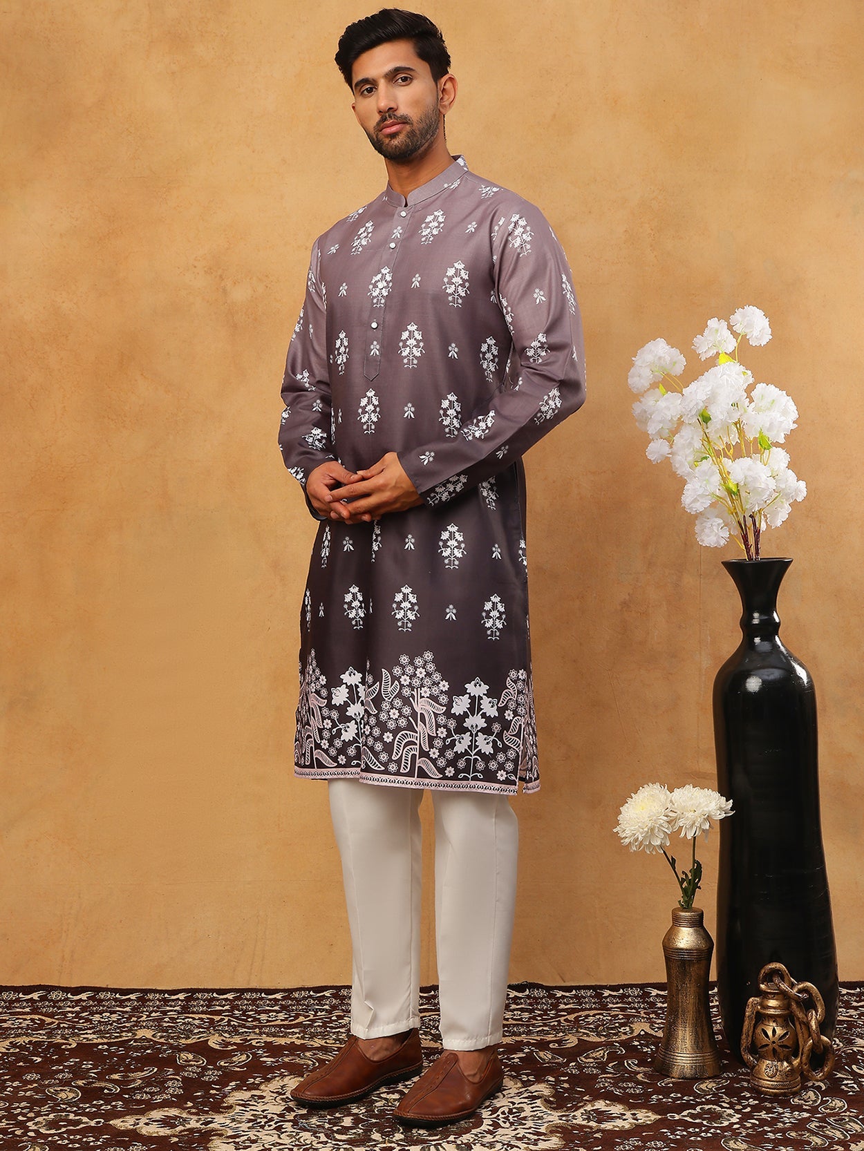 Printed Cotton Blend Kurta Pyjama Set (65KP 5405 Charcoal ) [FF] [P-8-7]