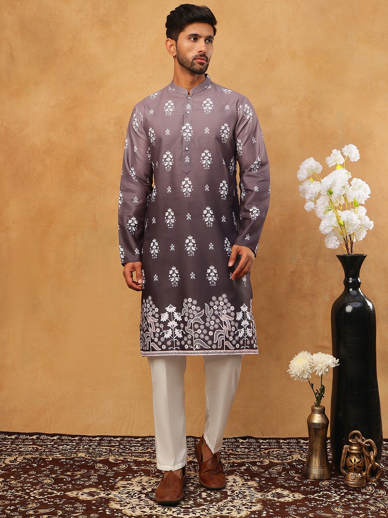 Printed Cotton Blend Kurta Pyjama Set (65KP 5405 Charcoal ) [FF] [P-8-7]