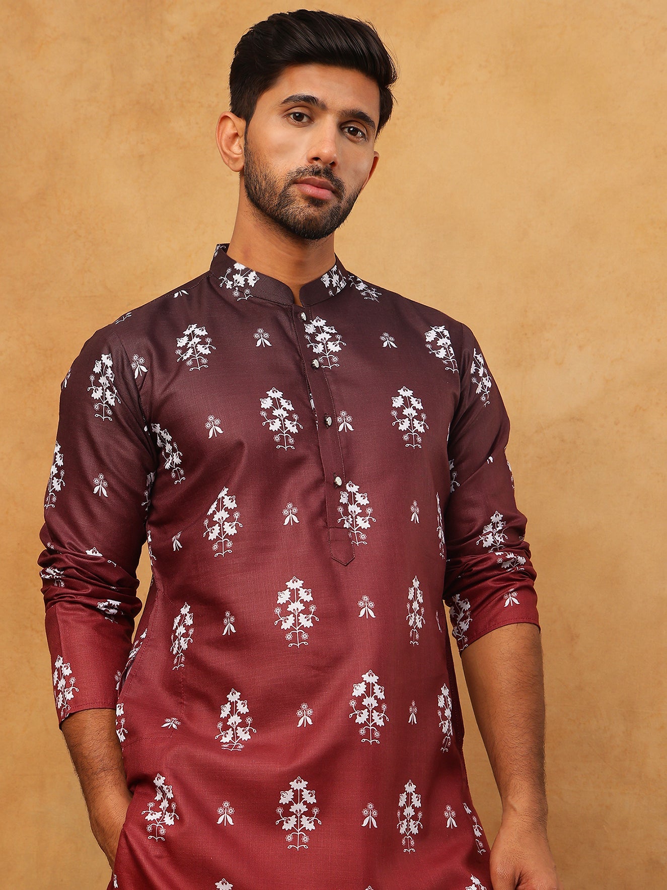 Printed Cotton Blend Kurta Pyjama Set (65KP 5405 Maroon ) [FF] [P-8-7]