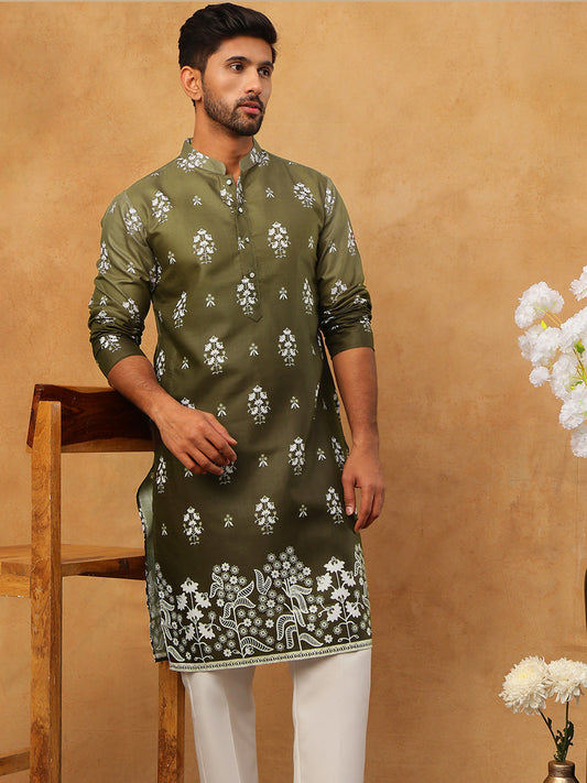 Printed Cotton Blend Kurta Pyjama Set (65KP 5405 Olive ) [FF] [P-8-7]