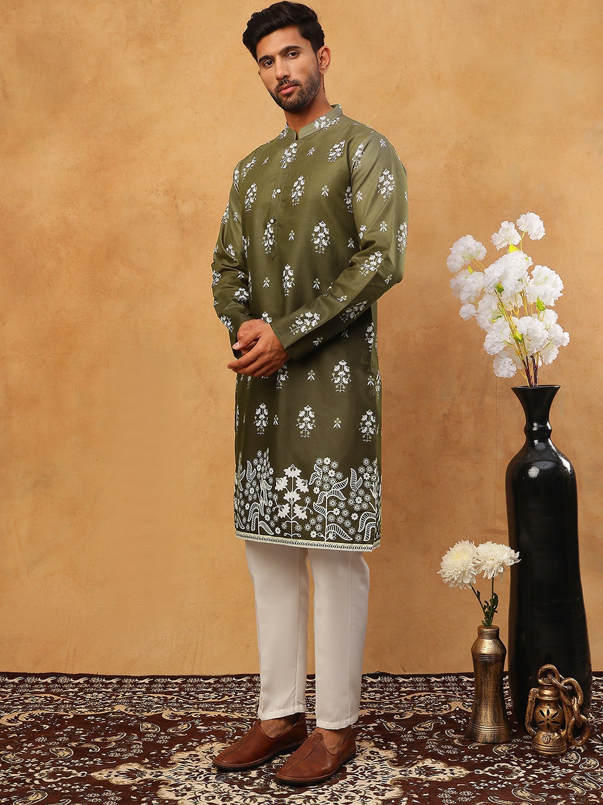 Printed Cotton Blend Kurta Pyjama Set (65KP 5405 Olive ) [FF] [P-8-7]