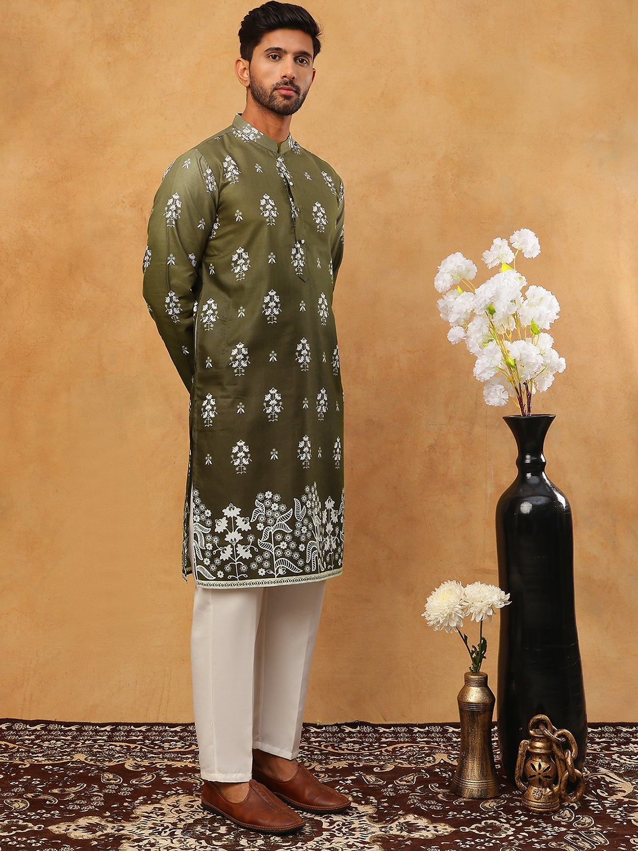 Printed Cotton Blend Kurta Pyjama Set (65KP 5405 Olive ) [FF] [P-8-7]
