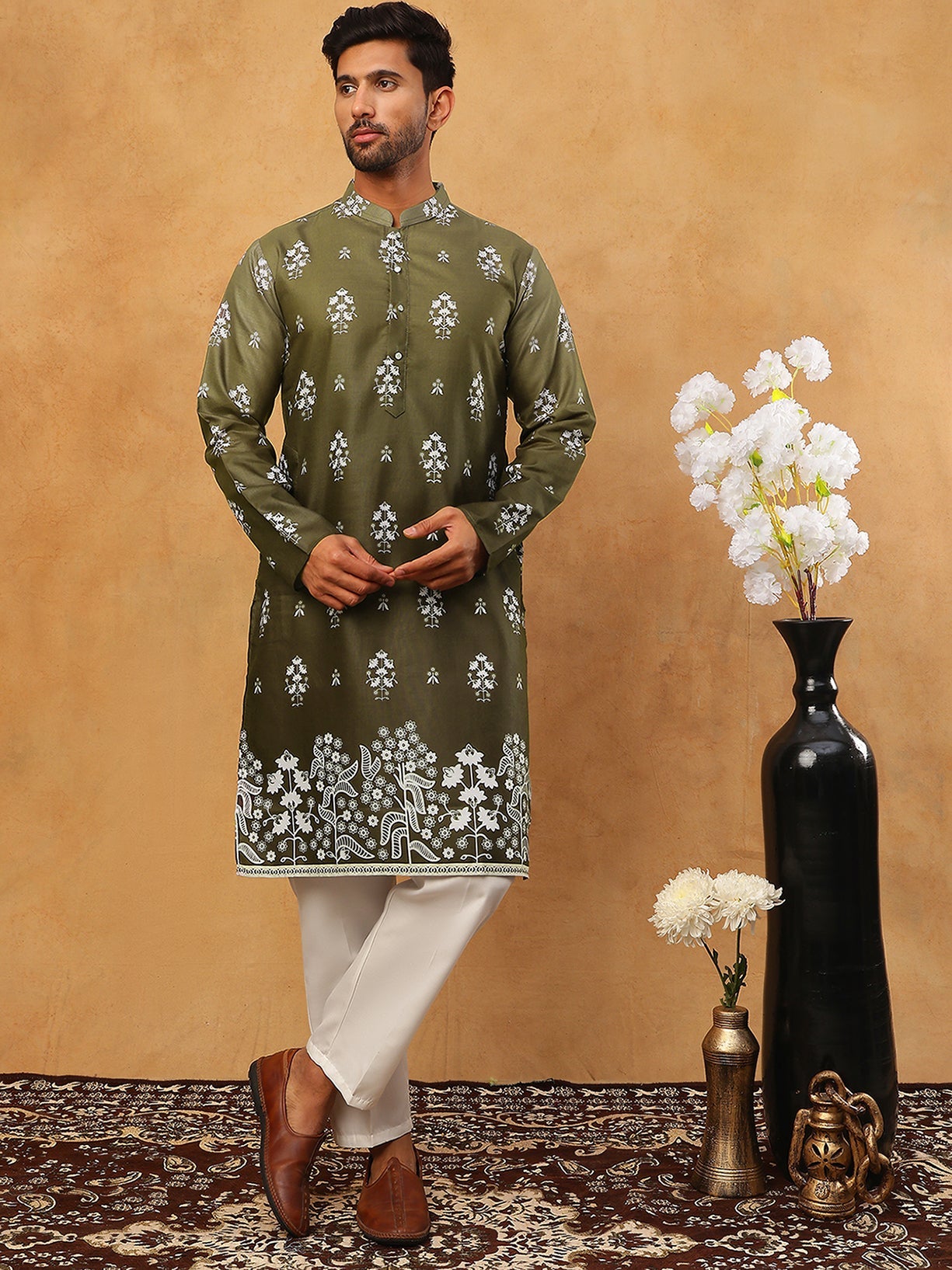 Printed Cotton Blend Kurta Pyjama Set (65KP 5405 Olive ) [FF] [P-8-7]
