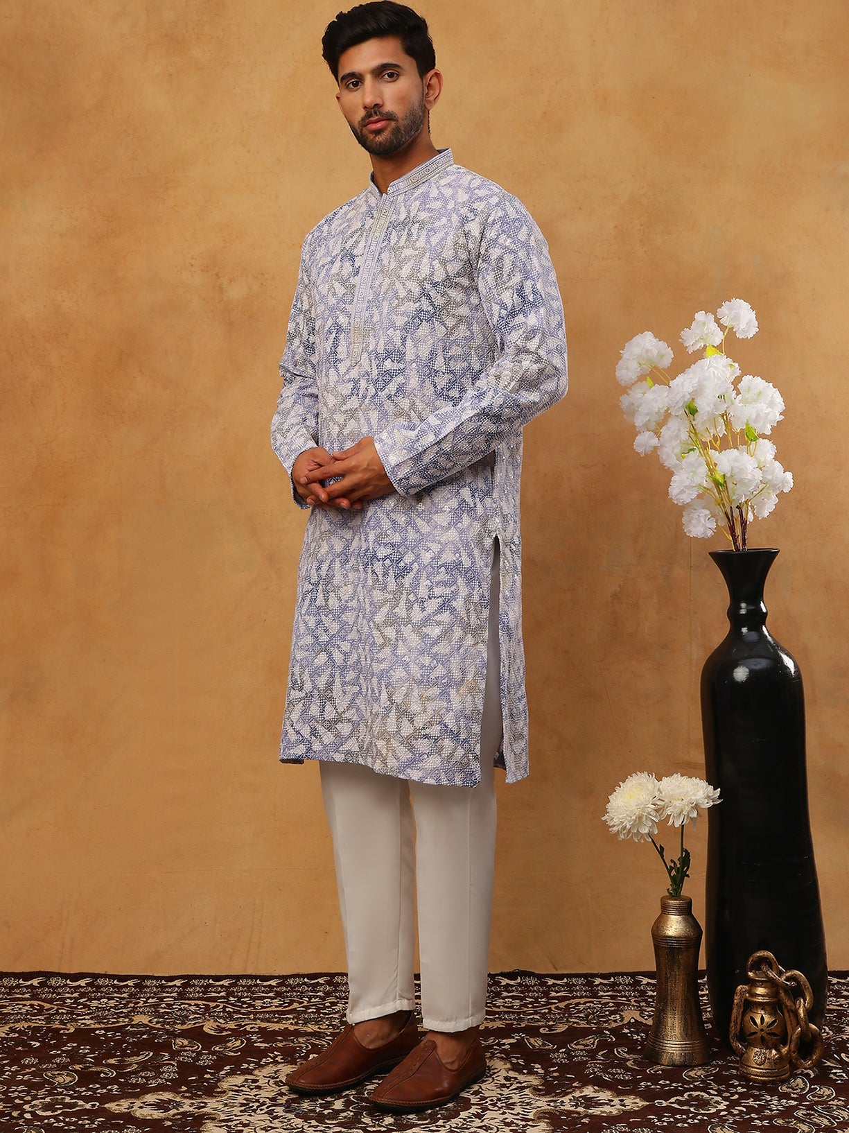 Printed & Embroidered Kurta Pyjama Set (65KP 5406 Blue ) [FF] [G-8]