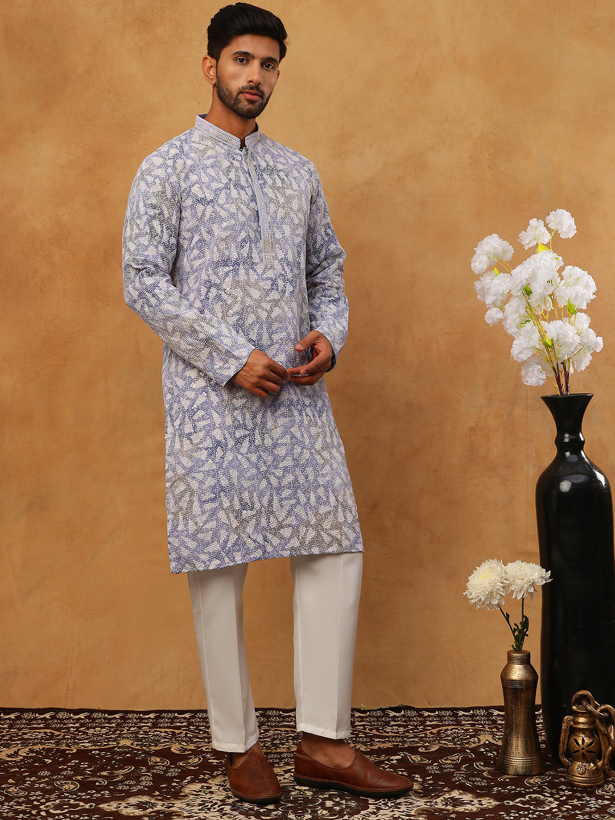 Printed & Embroidered Kurta Pyjama Set (65KP 5406 Blue ) [FF] [G-8]