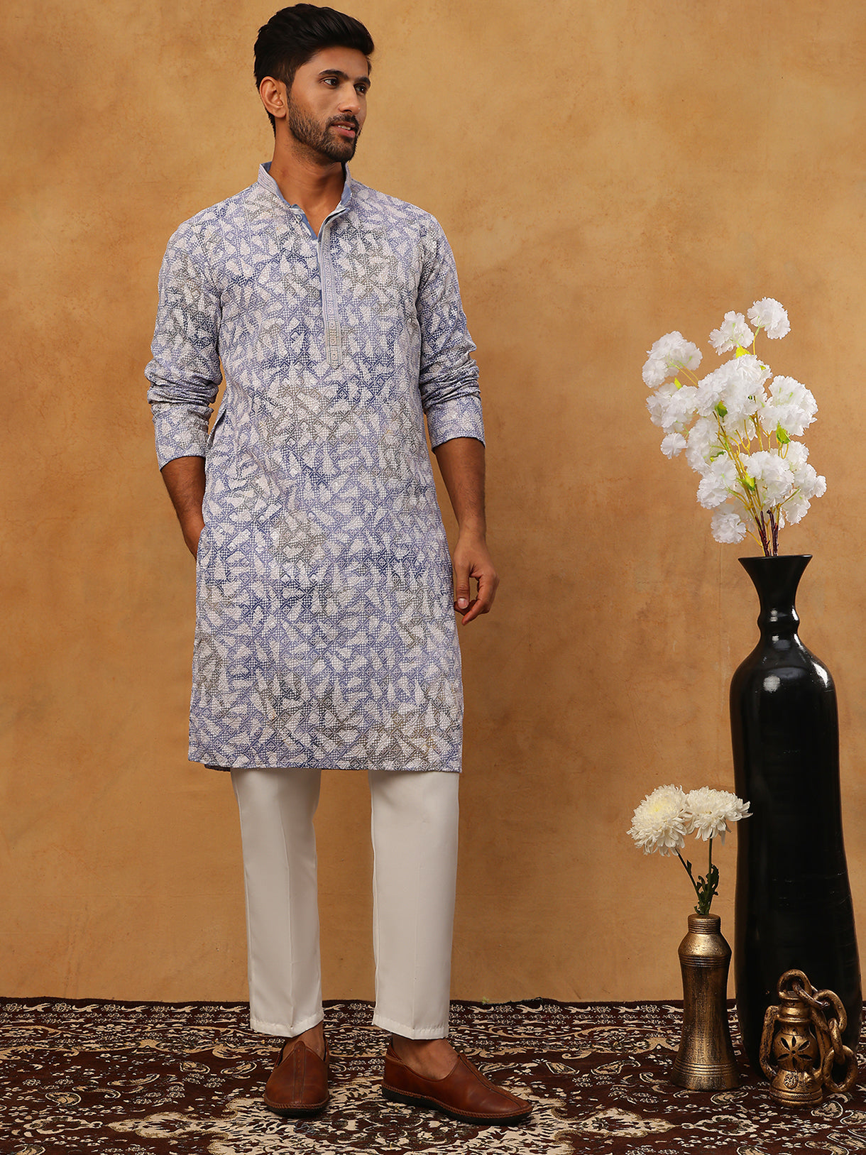 Printed & Embroidered Kurta Pyjama Set (65KP 5406 Blue ) [FF] [G-8]