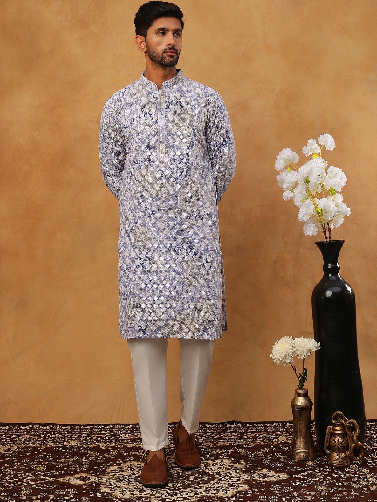 Printed & Embroidered Kurta Pyjama Set (65KP 5406 Blue ) [FF] [G-8]