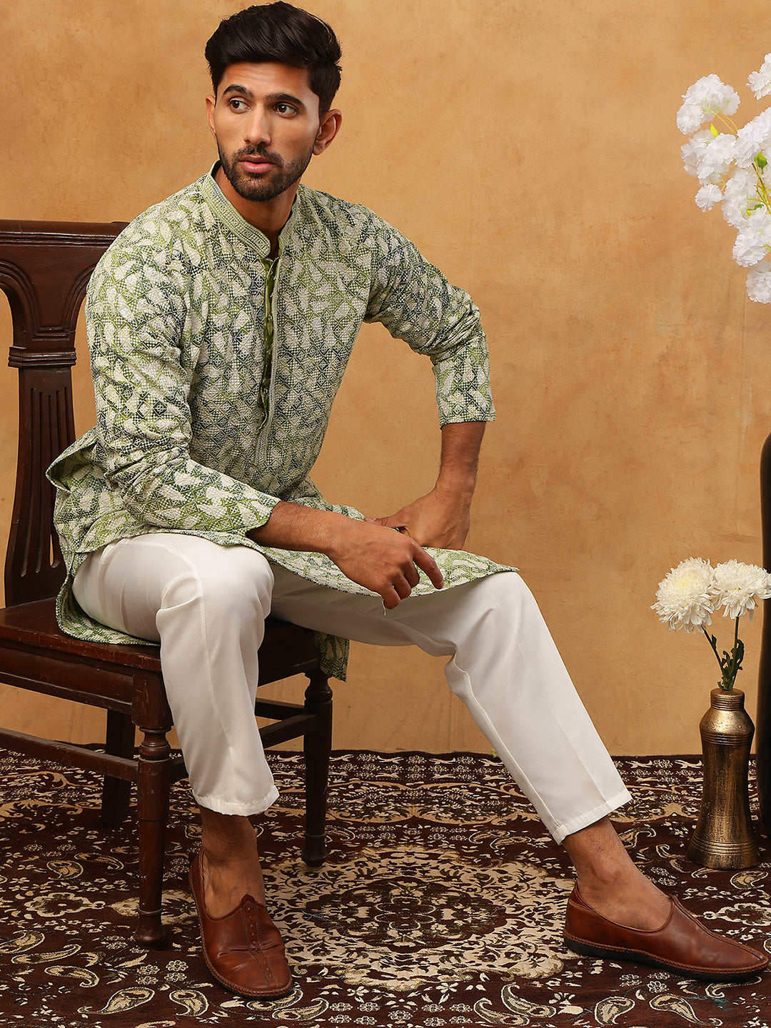 Printed & Embroidered Kurta Pyjama Set (65KP 5406 Green ) [FF] [G-8]