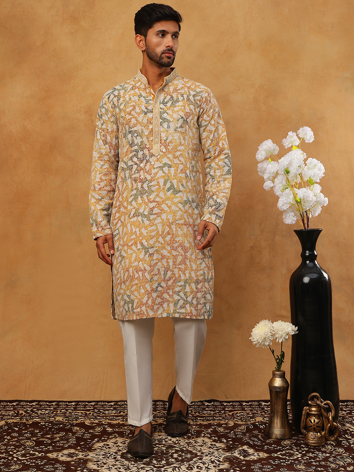 Printed & Embroidered Kurta Pyjama Set (65KP 5406 Mustard ) [FF] [G-8]