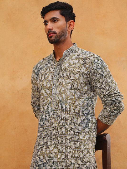 Printed & Embroidered Kurta Pyjama Set (65KP 5406 Olive ) [FF] [G-8]