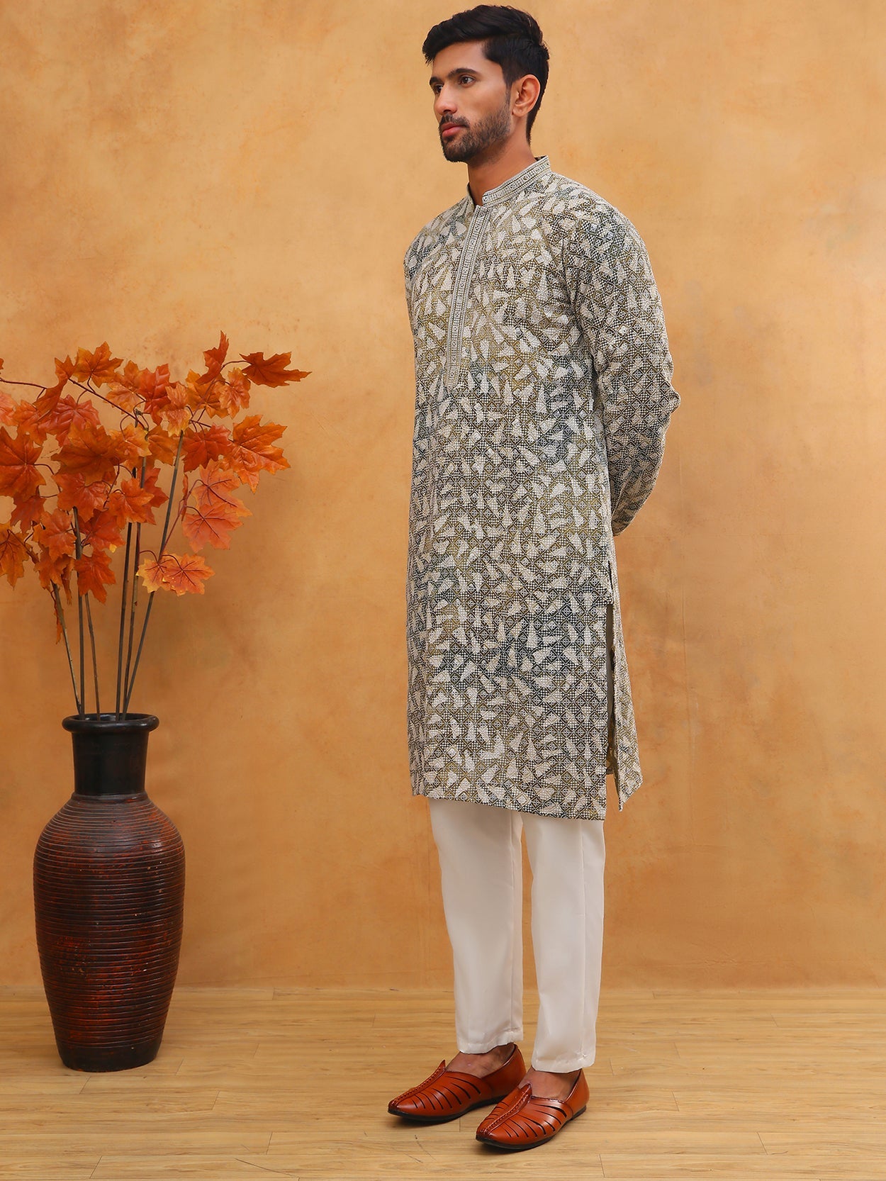 Printed & Embroidered Kurta Pyjama Set (65KP 5406 Olive ) [FF] [G-8]