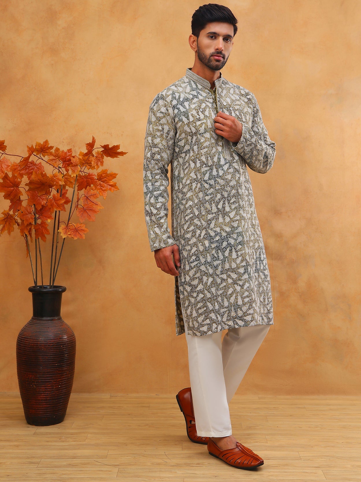Printed & Embroidered Kurta Pyjama Set (65KP 5406 Olive ) [FF] [G-8]