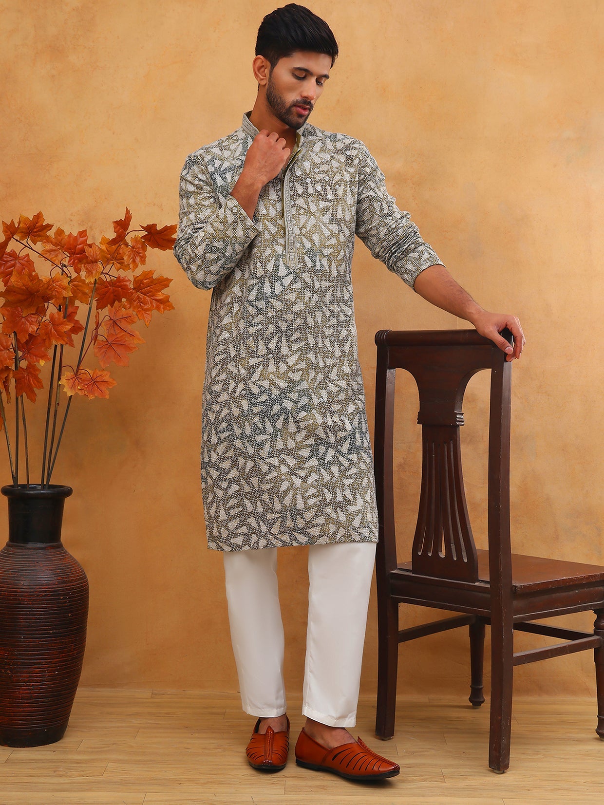 Printed & Embroidered Kurta Pyjama Set (65KP 5406 Olive ) [FF] [G-8]
