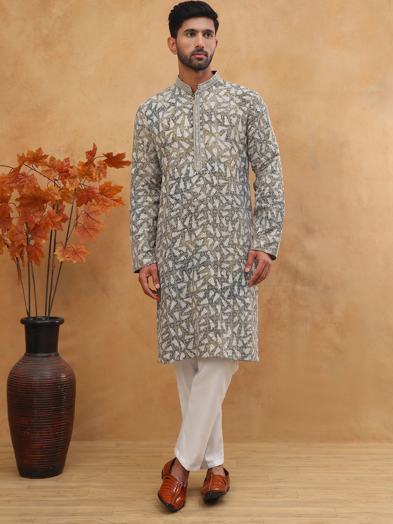 Printed & Embroidered Kurta Pyjama Set (65KP 5406 Olive ) [FF] [G-8]