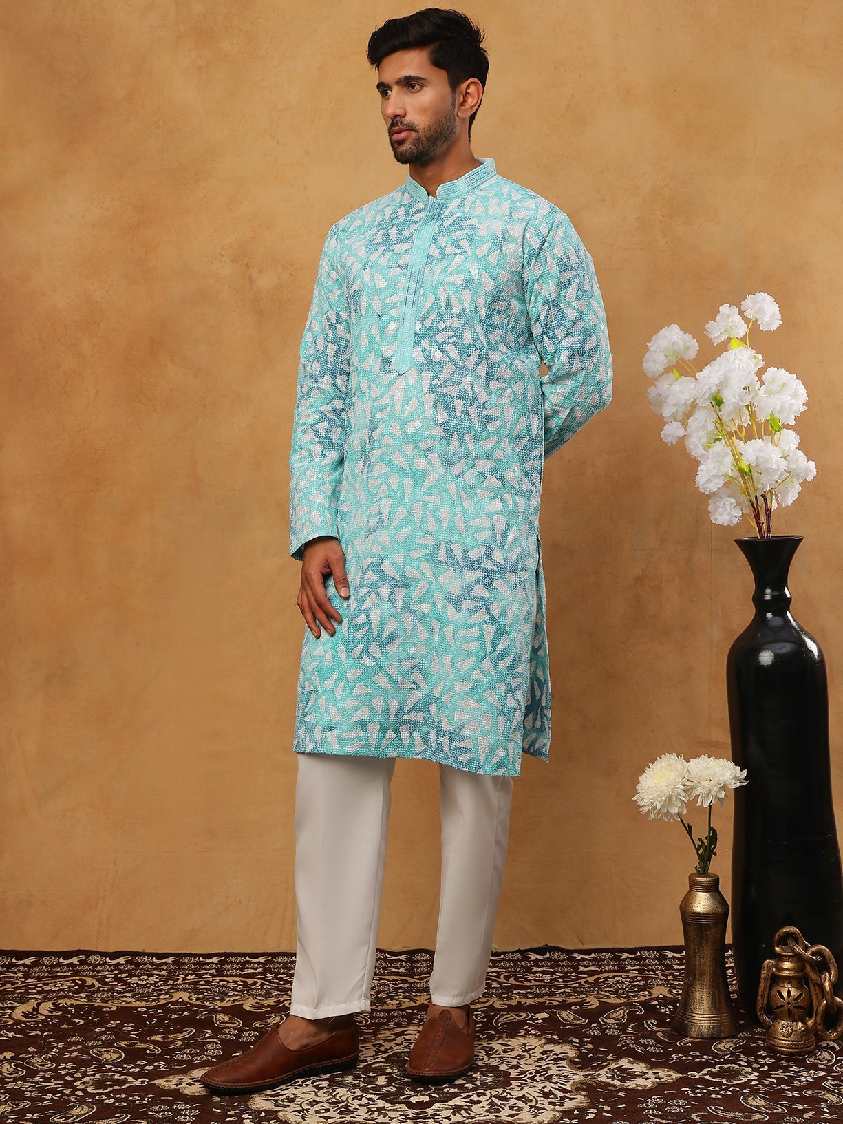Printed & Embroidered Kurta Pyjama Set (65KP 5406 Sky ) [FF] [G-8]