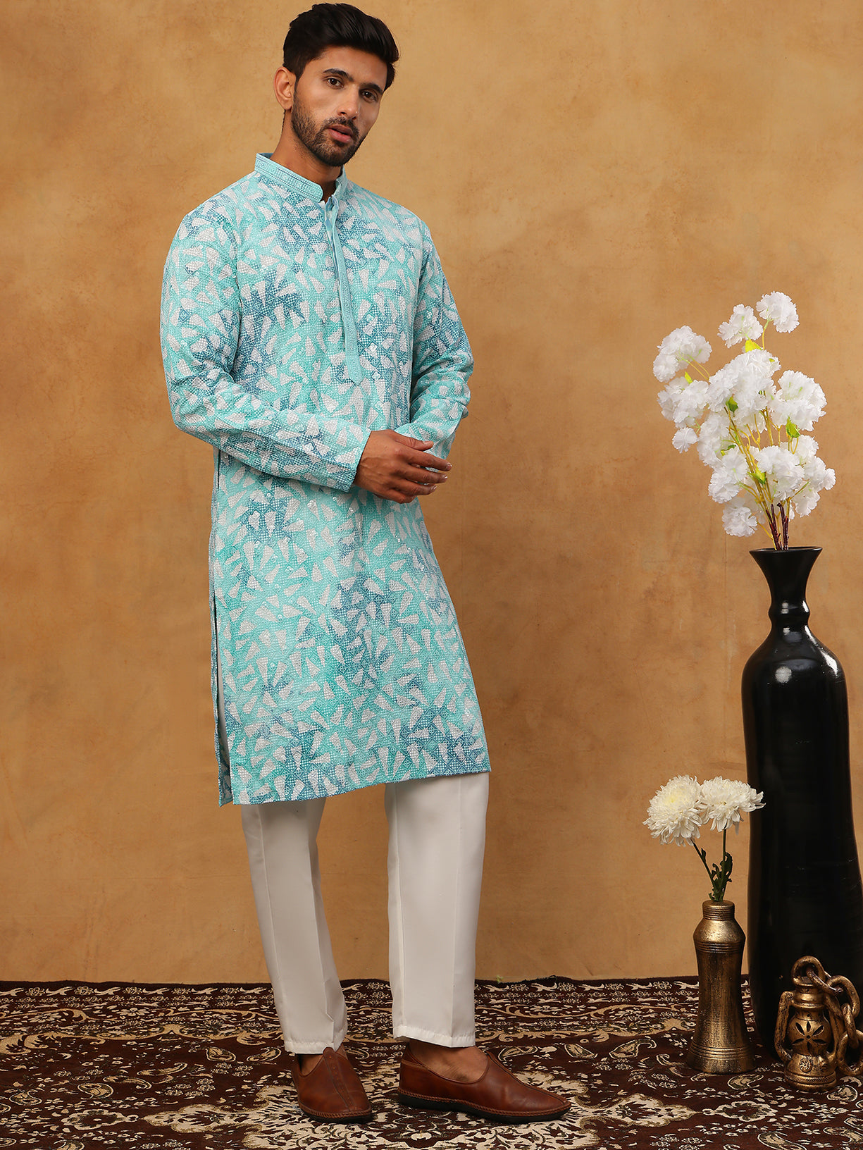 Printed & Embroidered Kurta Pyjama Set (65KP 5406 Sky ) [FF] [G-8]