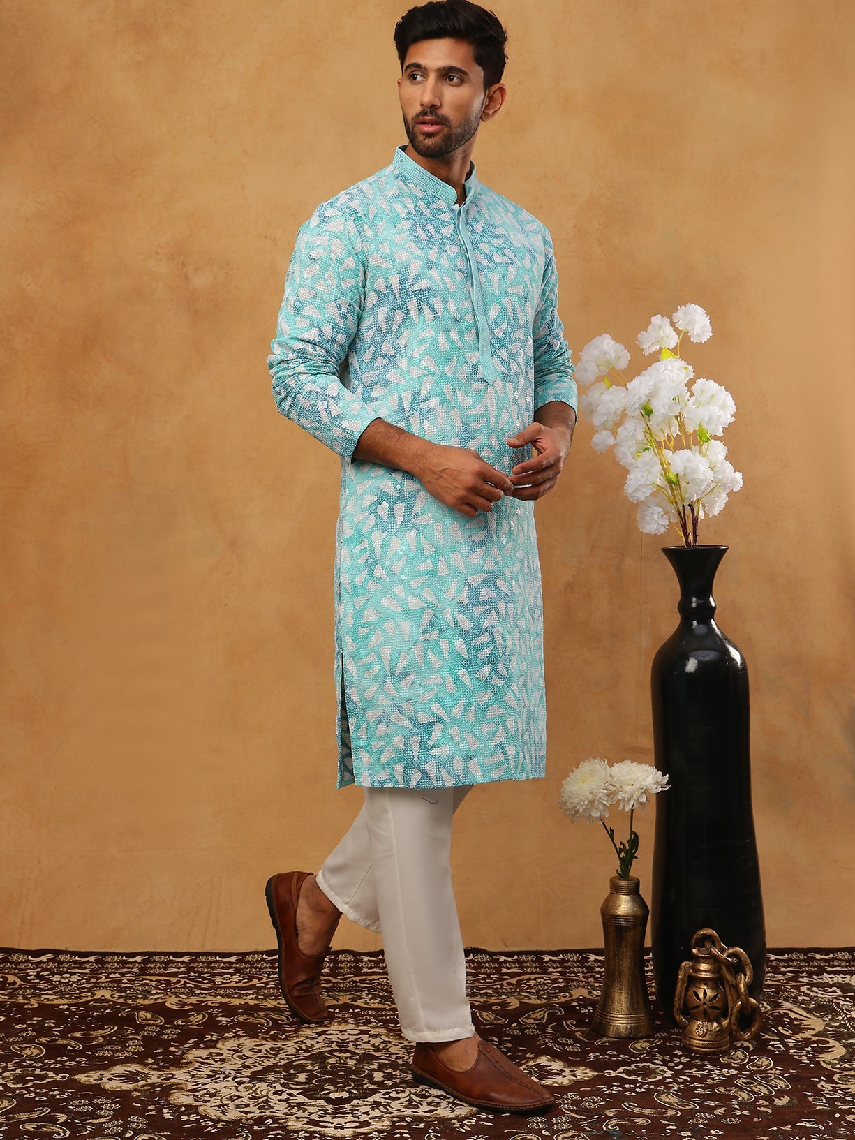 Printed & Embroidered Kurta Pyjama Set (65KP 5406 Sky ) [FF] [G-8]