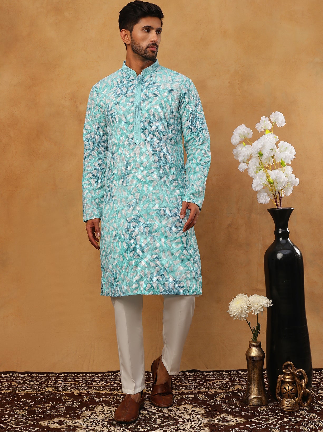 Printed & Embroidered Kurta Pyjama Set (65KP 5406 Sky ) [FF] [G-8]