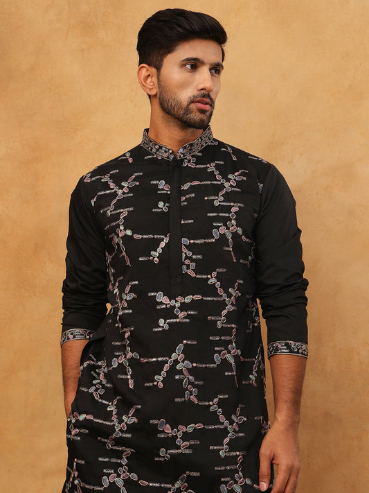 Embroidered Silk Blend Kurta Pyjama Set (65KP 5407 Black ) [FF] [D-1]