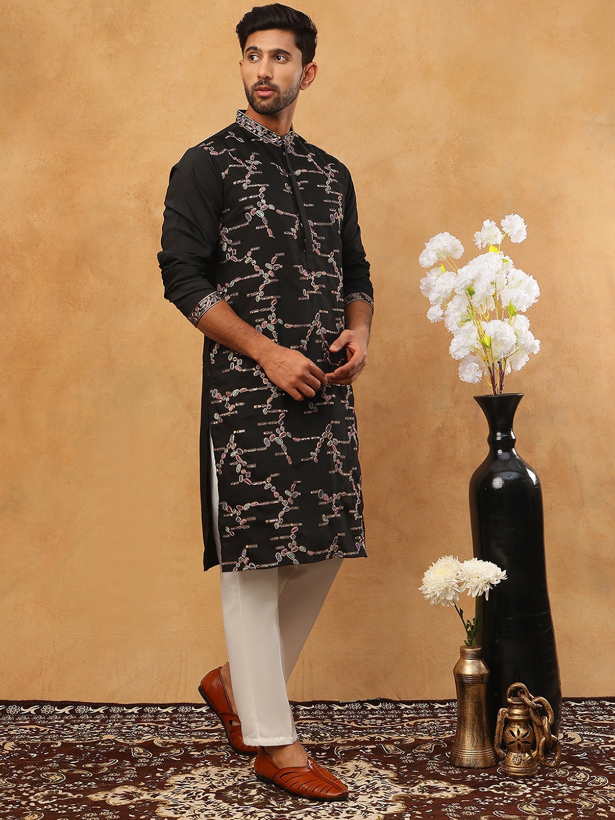 Embroidered Silk Blend Kurta Pyjama Set (65KP 5407 Black ) [FF] [D-1]