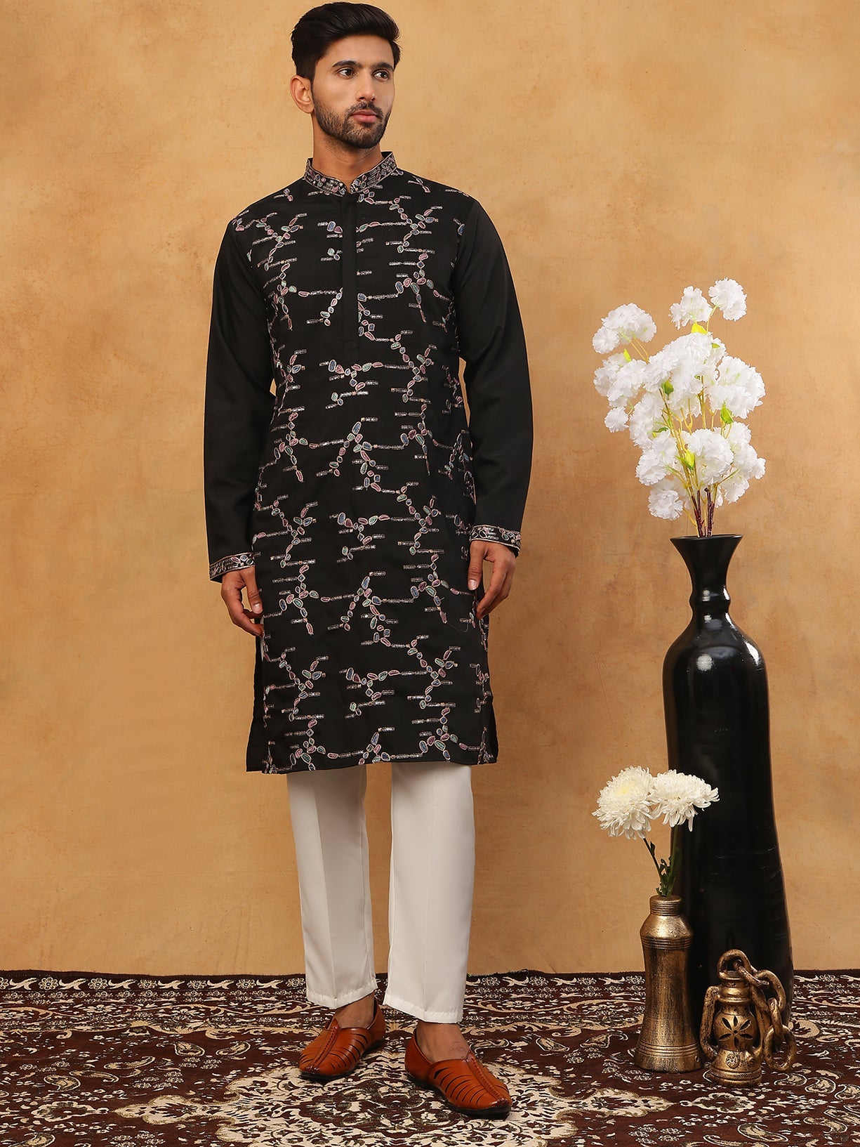 Embroidered Silk Blend Kurta Pyjama Set (65KP 5407 Black ) [FF] [D-1]