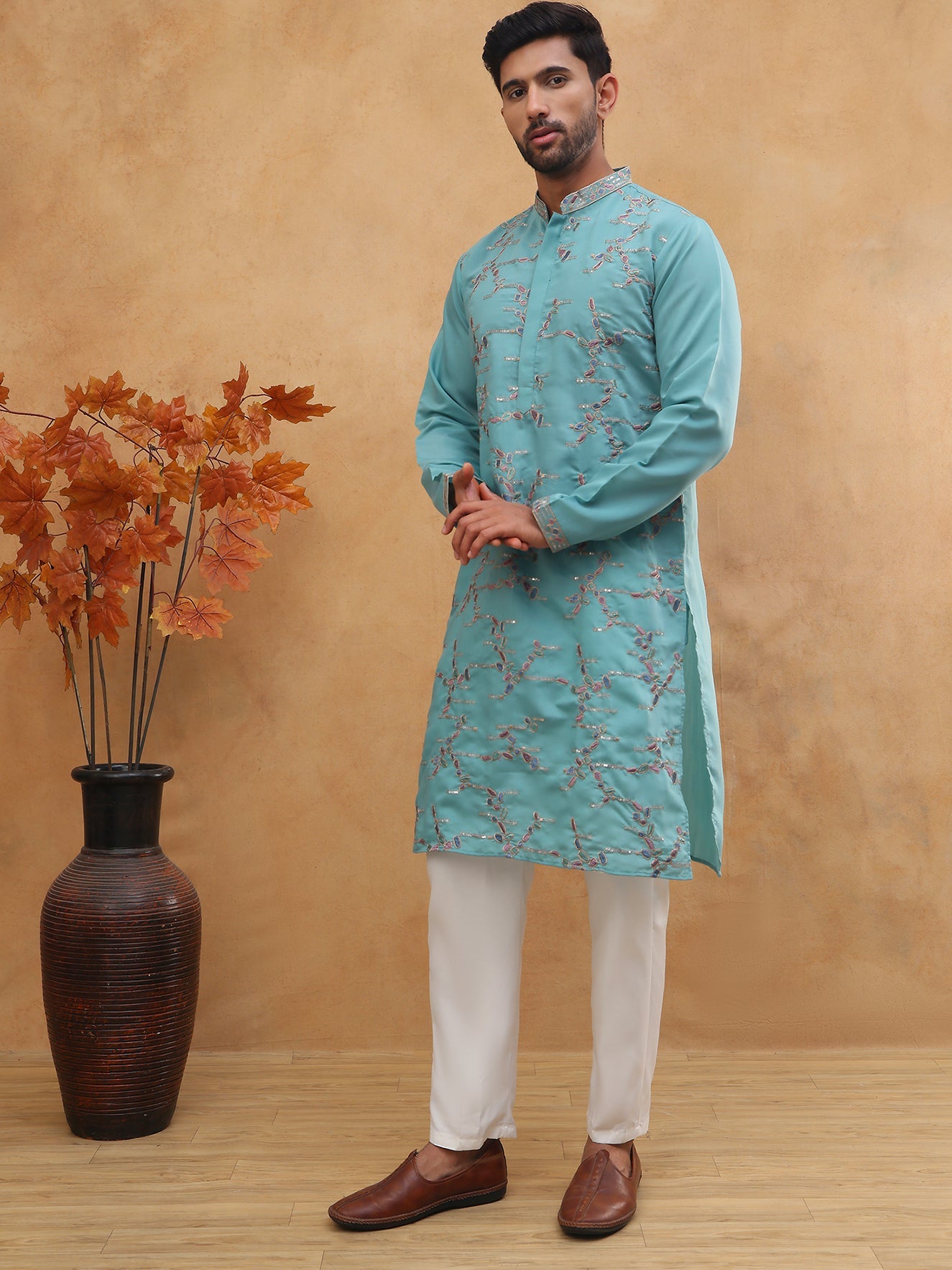 Embroidered Silk Blend Kurta Pyjama Set (65KP 5407 Sky ) [FF] [D-1]