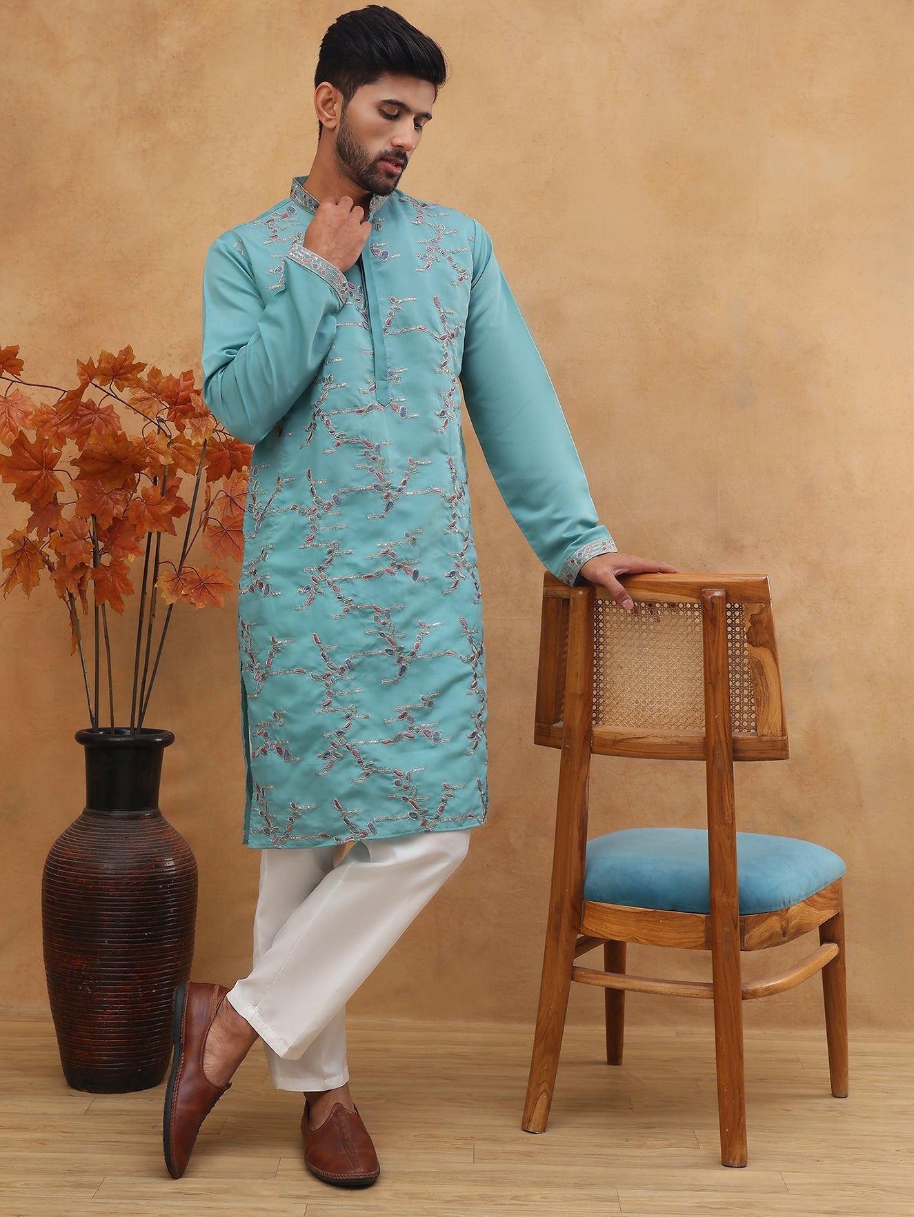 Embroidered Silk Blend Kurta Pyjama Set (65KP 5407 Sky ) [FF] [D-1]