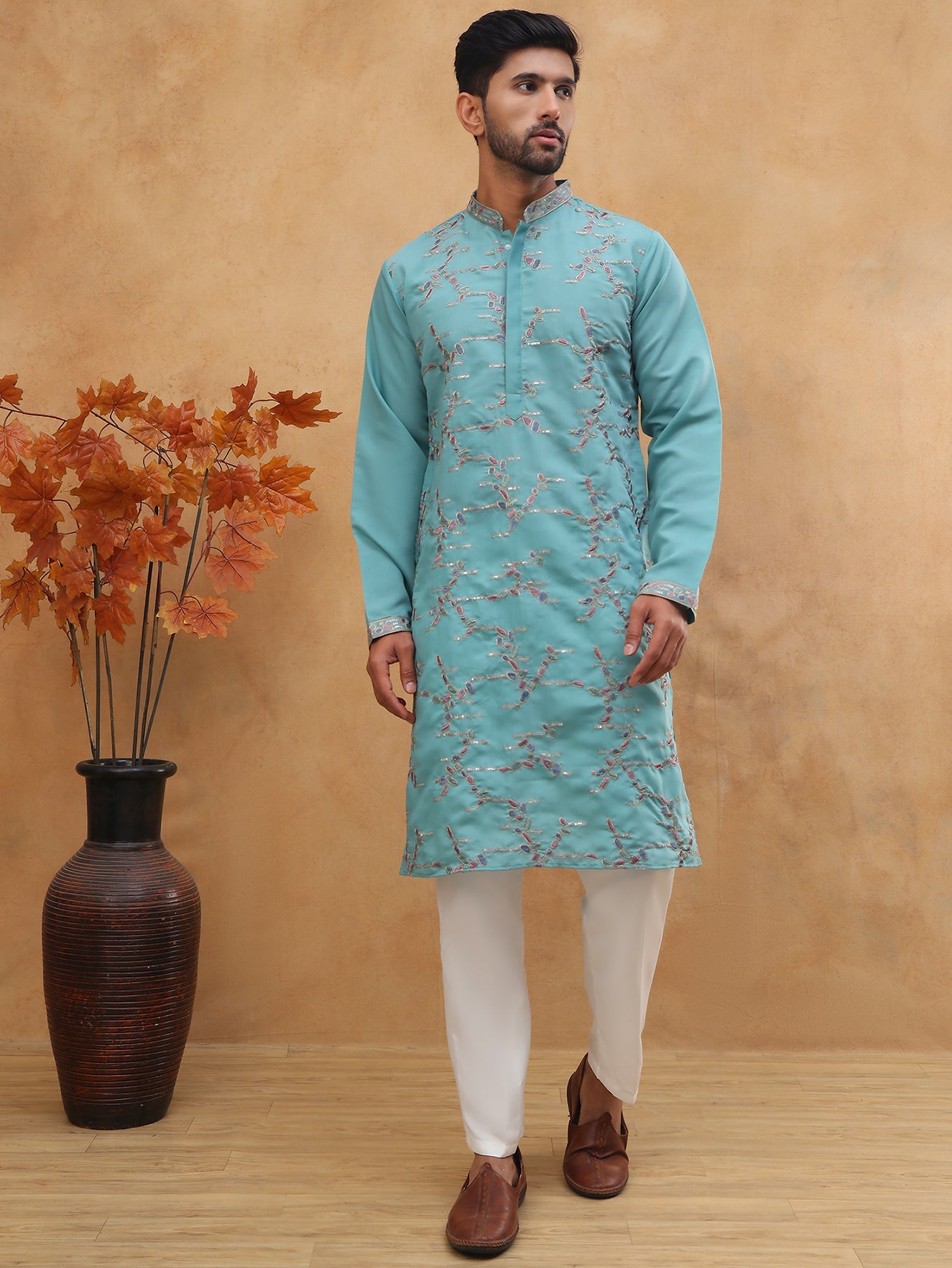 Embroidered Silk Blend Kurta Pyjama Set (65KP 5407 Sky ) [FF] [D-1]