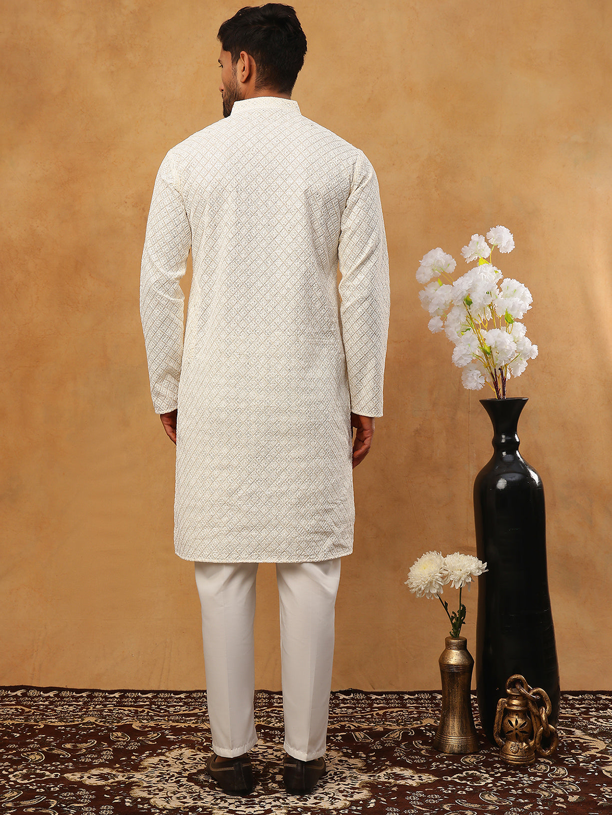 Men’s Ethnic Cotton Embroidered Kurta Pyjama (65KP 5408 White ) [FF] [P-17-18]