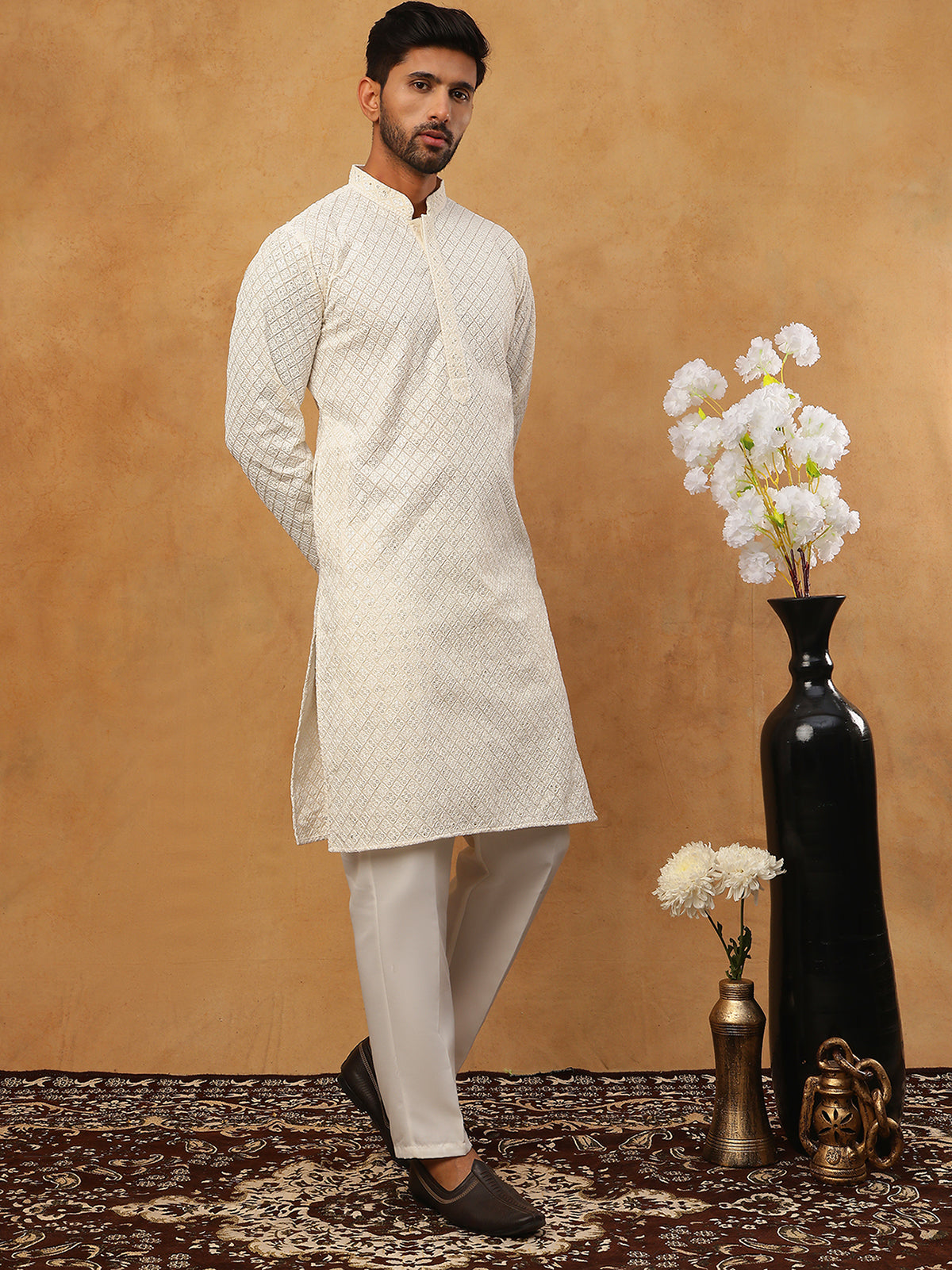 Men’s Ethnic Cotton Embroidered Kurta Pyjama (65KP 5408 White ) [FF] [P-17-18]