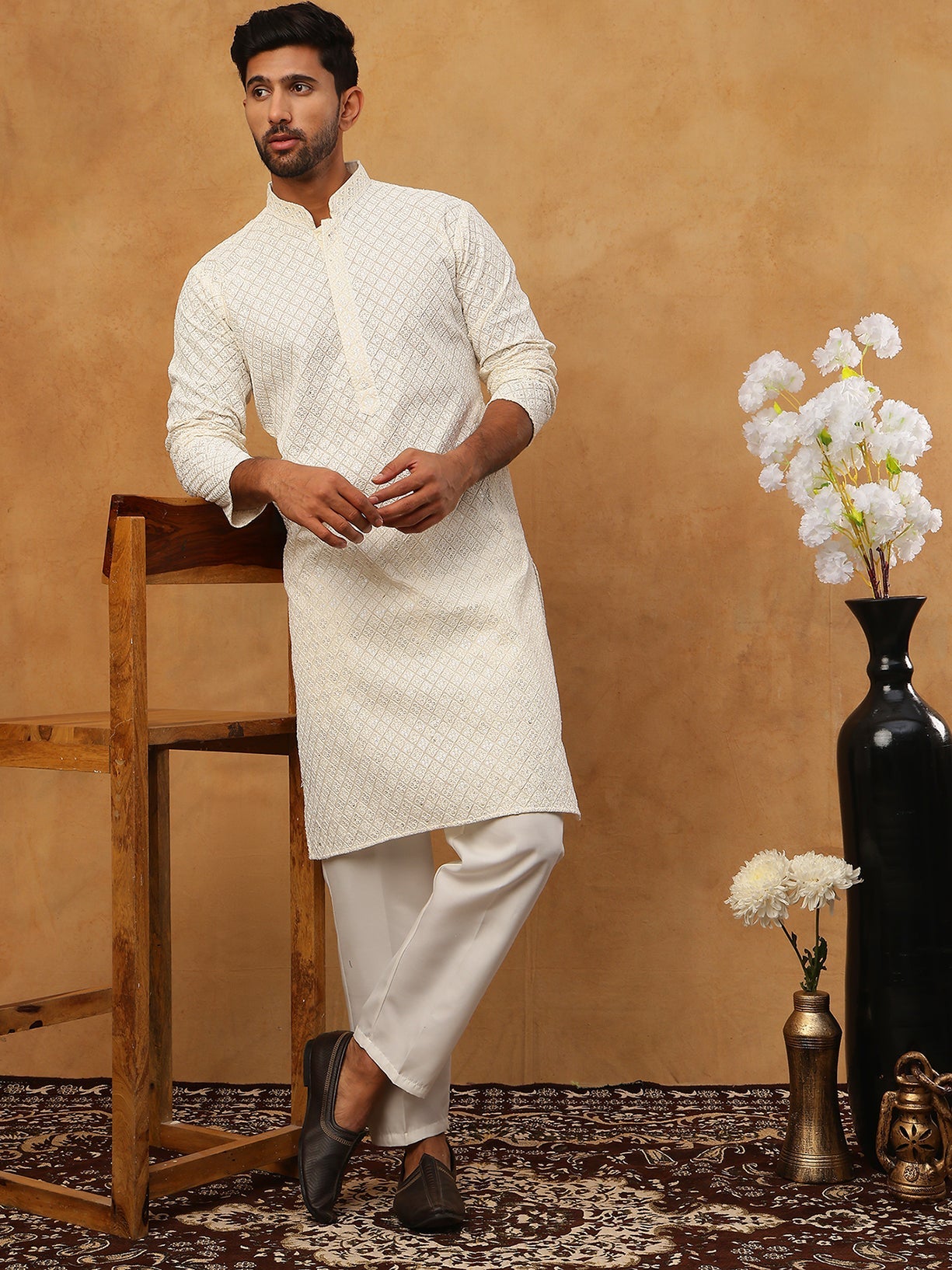 Men’s Ethnic Cotton Embroidered Kurta Pyjama (65KP 5408 White ) [FF] [P-17-18]