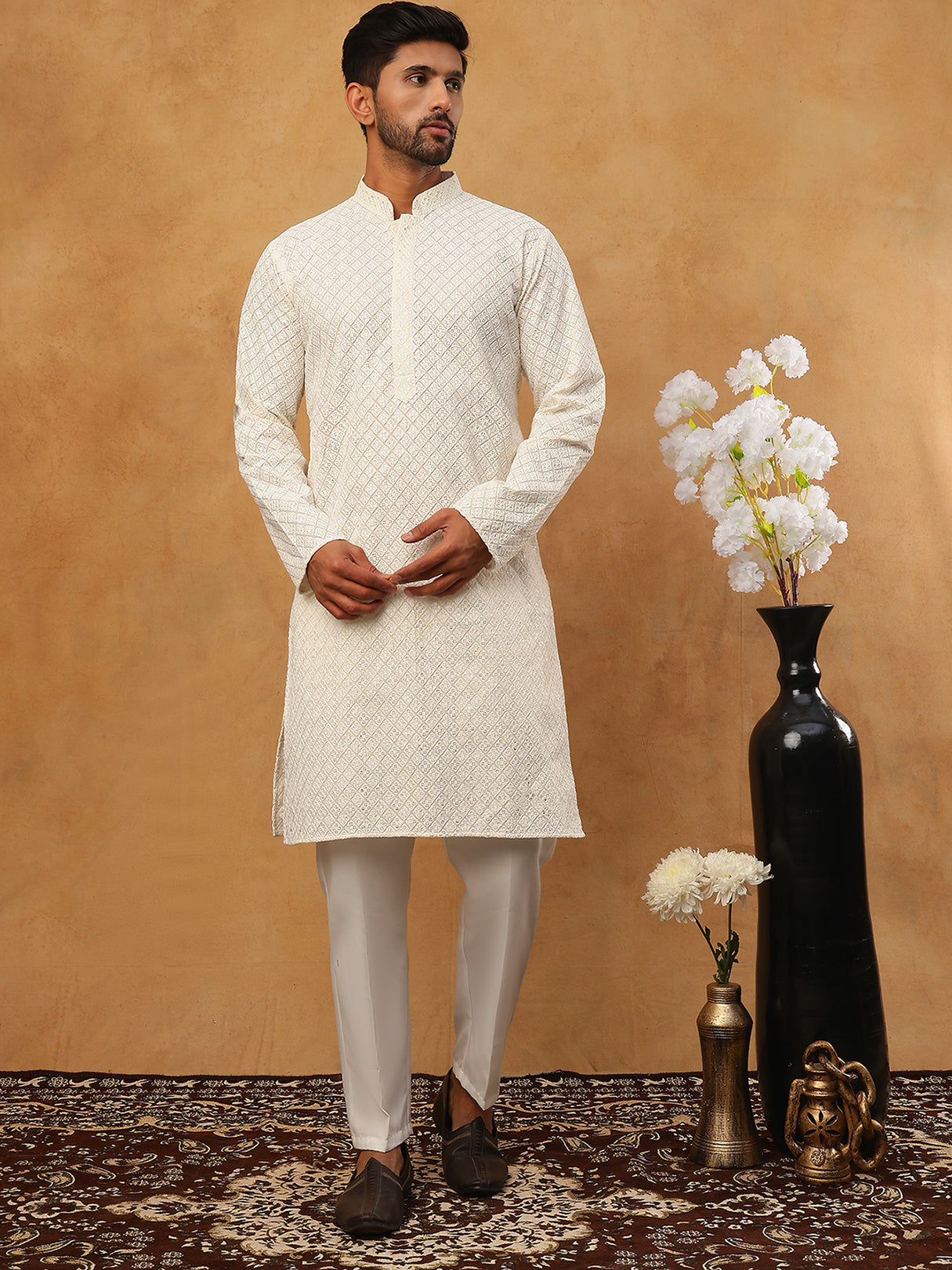 Men’s Ethnic Cotton Embroidered Kurta Pyjama (65KP 5408 White ) [FF] [P-17-18]