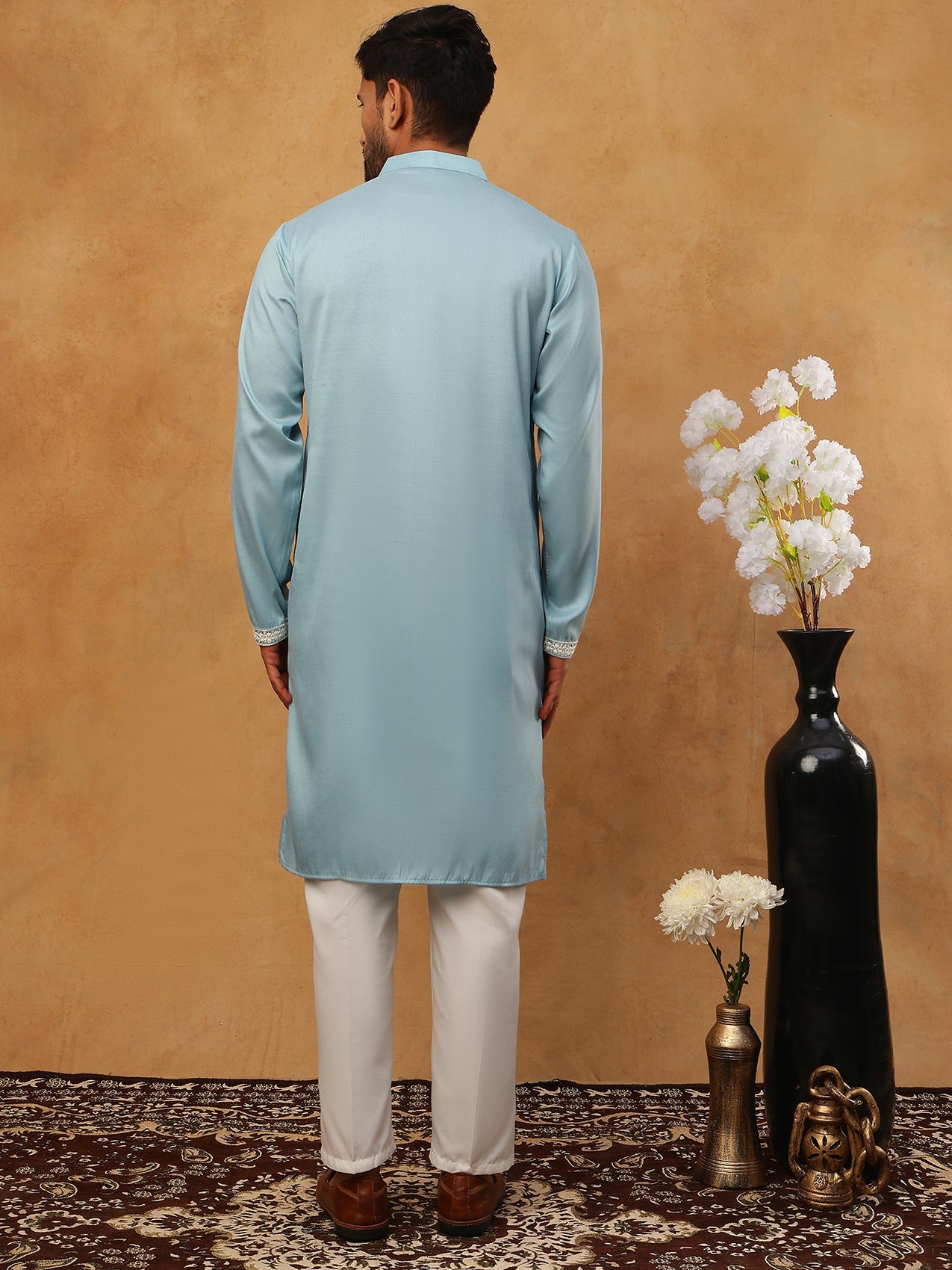 Traditional Silk Blend Embroidered Kurta Pyjama (65KP 5411 Blue ) [FF] [F-2-3]