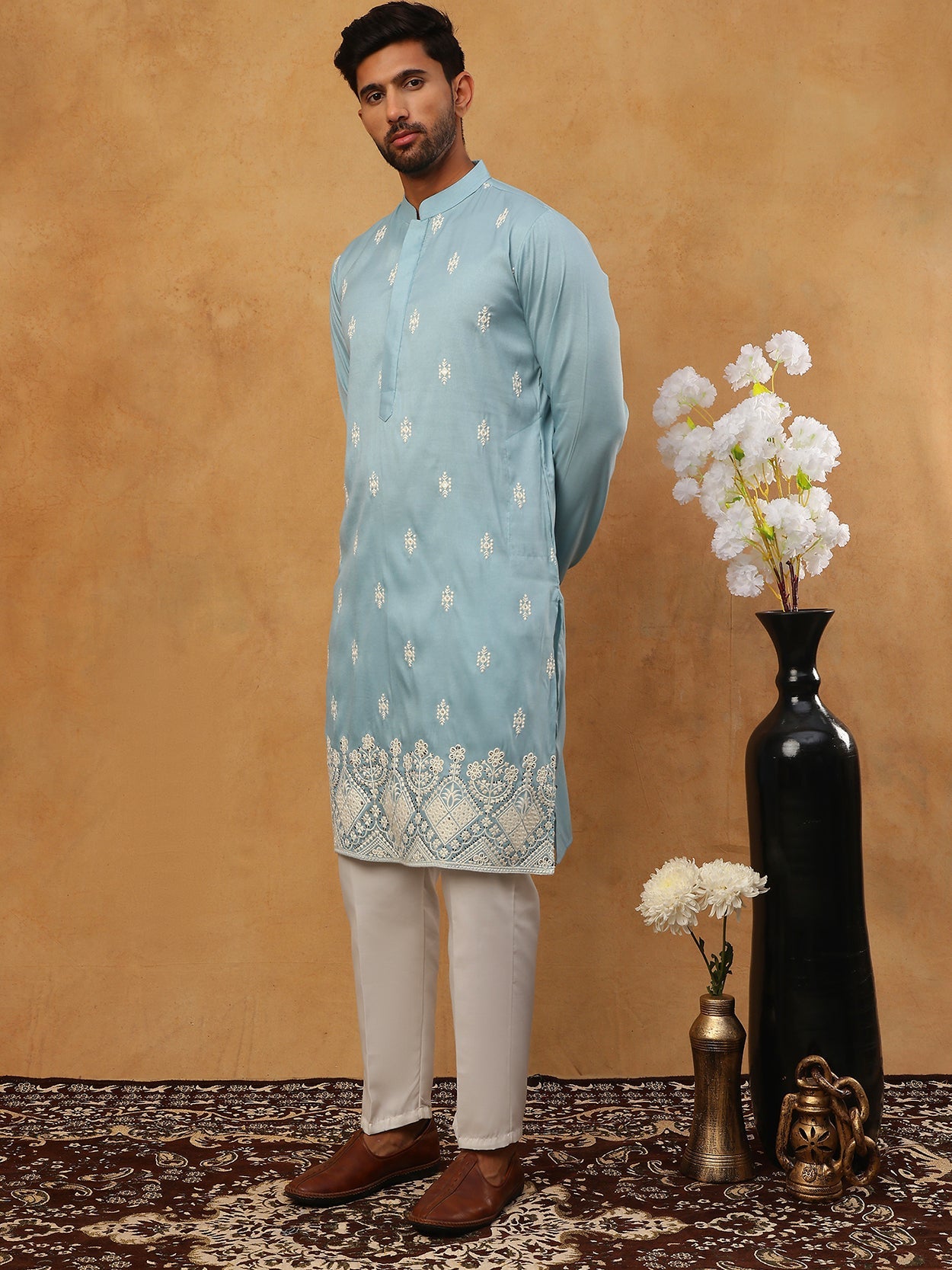 Traditional Silk Blend Embroidered Kurta Pyjama (65KP 5411 Blue ) [FF] [F-2-3]