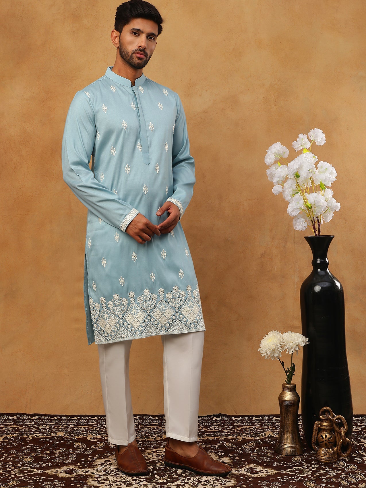 Traditional Silk Blend Embroidered Kurta Pyjama (65KP 5411 Blue ) [FF] [F-2-3]