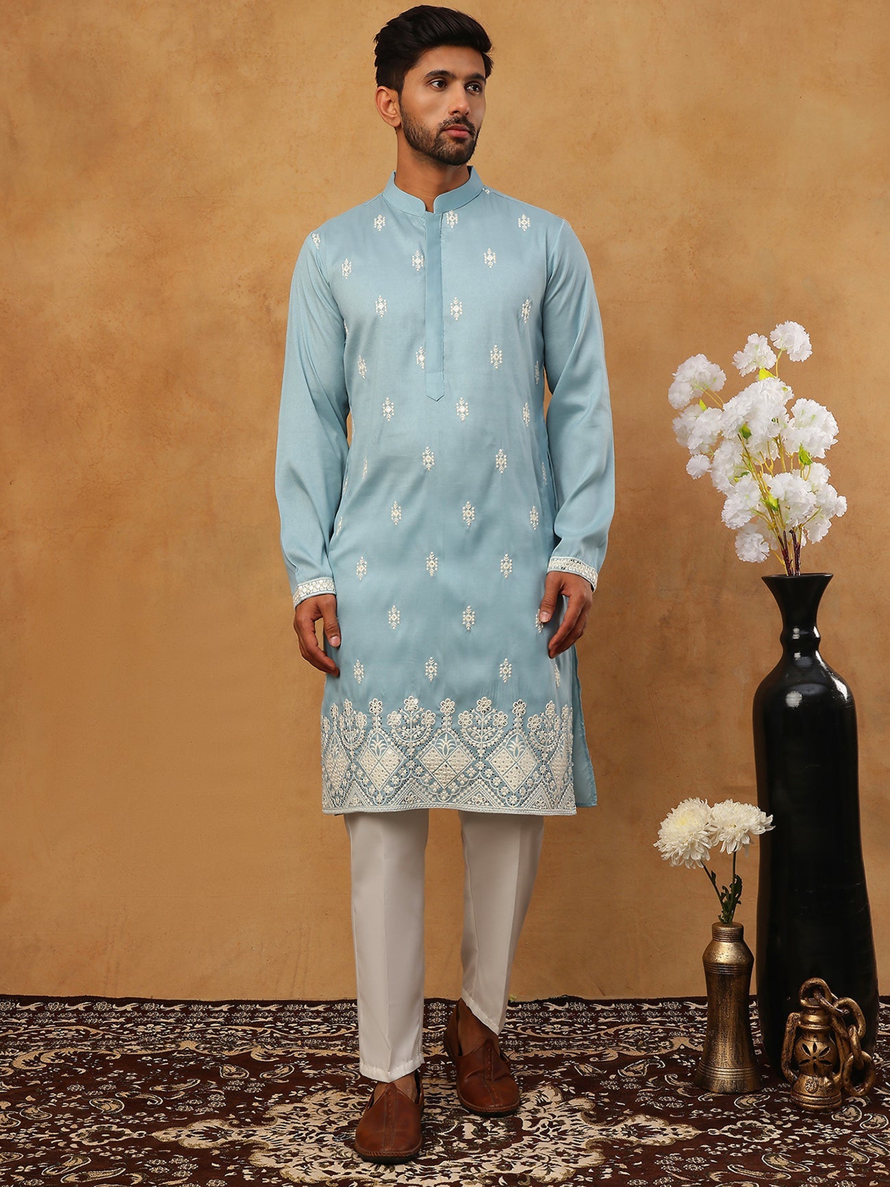 Traditional Silk Blend Embroidered Kurta Pyjama (65KP 5411 Blue ) [FF] [F-2-3]