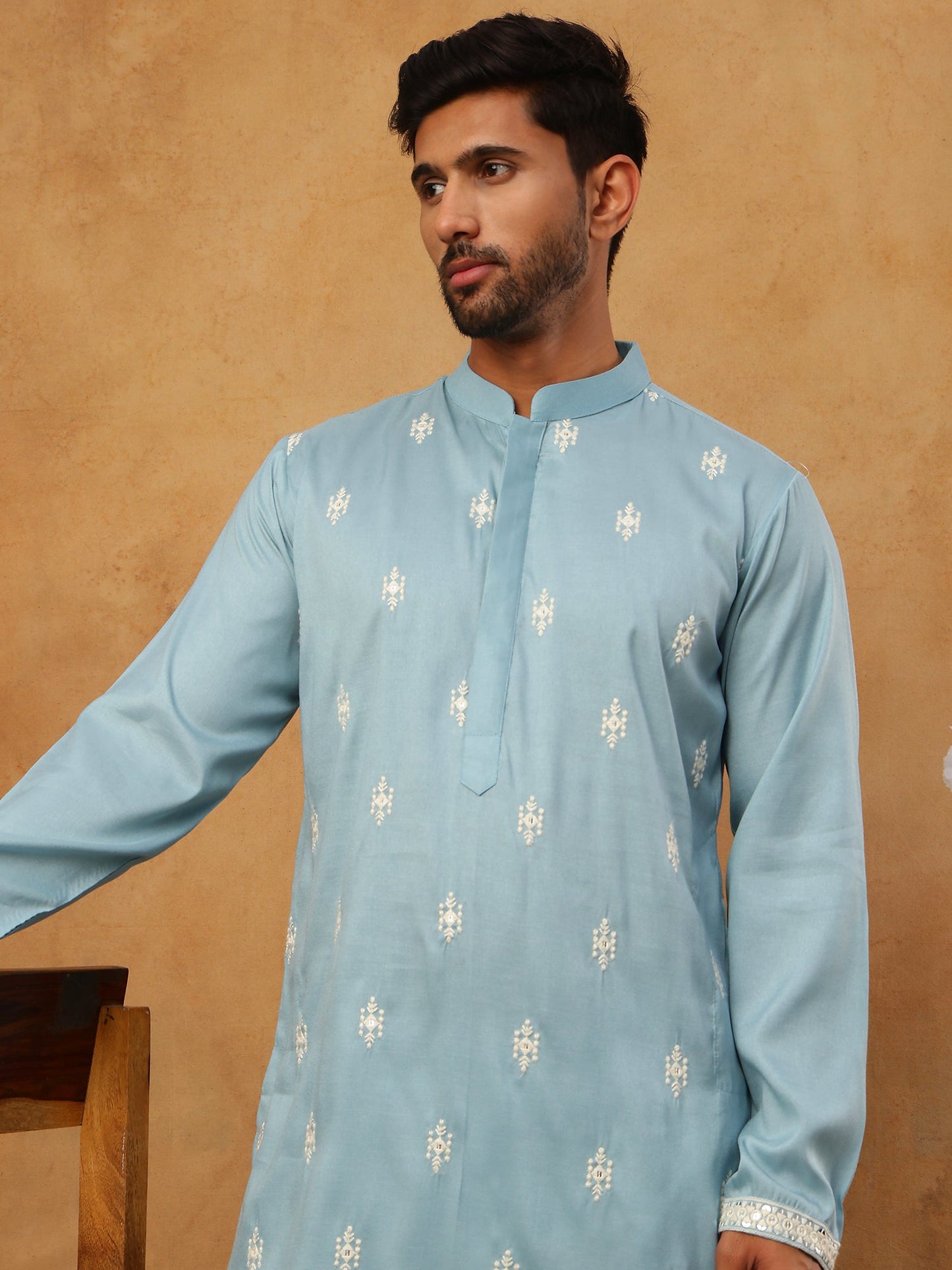 Traditional Silk Blend Embroidered Kurta Pyjama (65KP 5411 Blue ) [FF] [F-2-3]