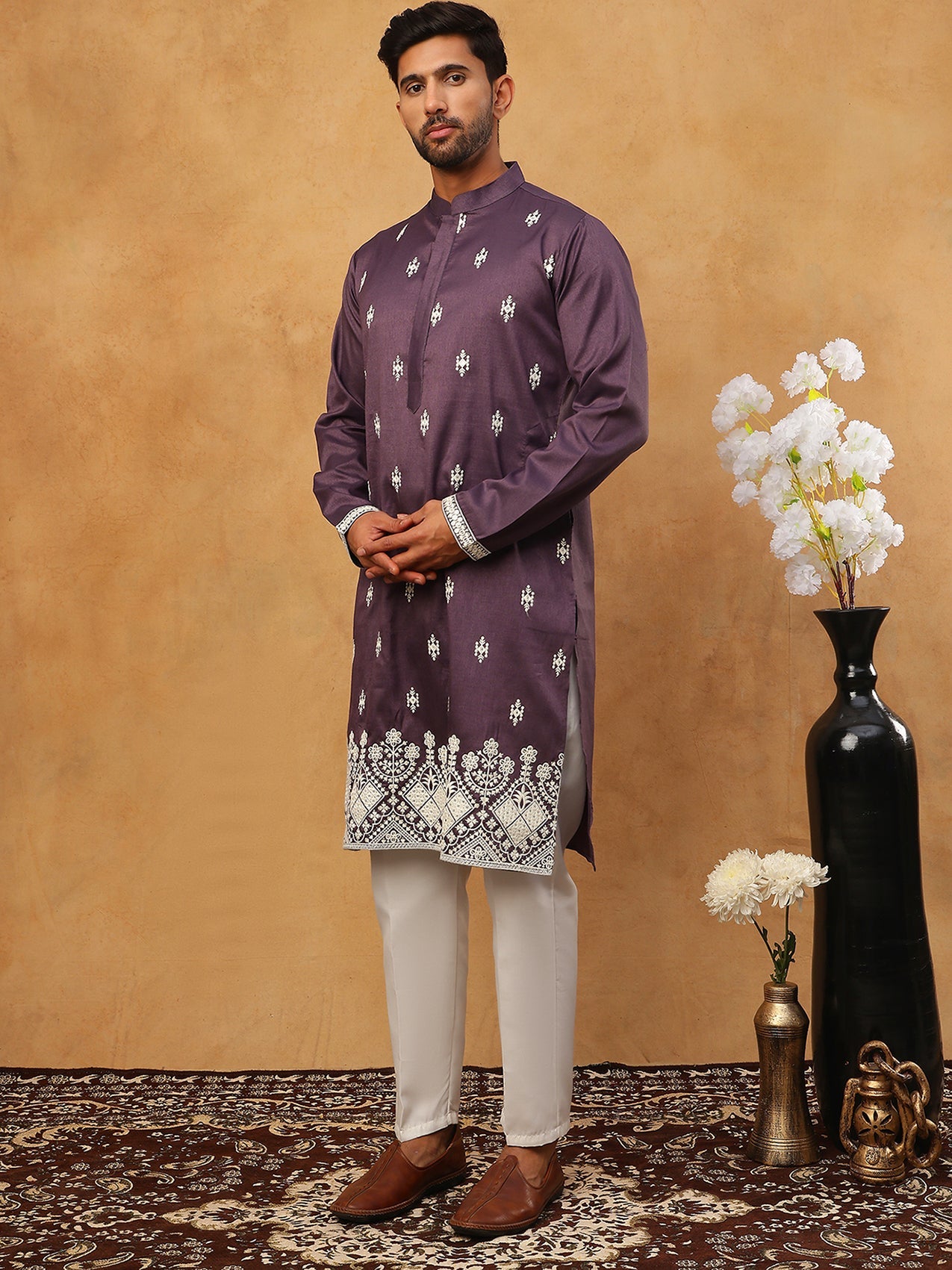 Traditional Silk Blend Embroidered Kurta Pyjama (65KP 5411 Purple ) [FF] [F-2-3]