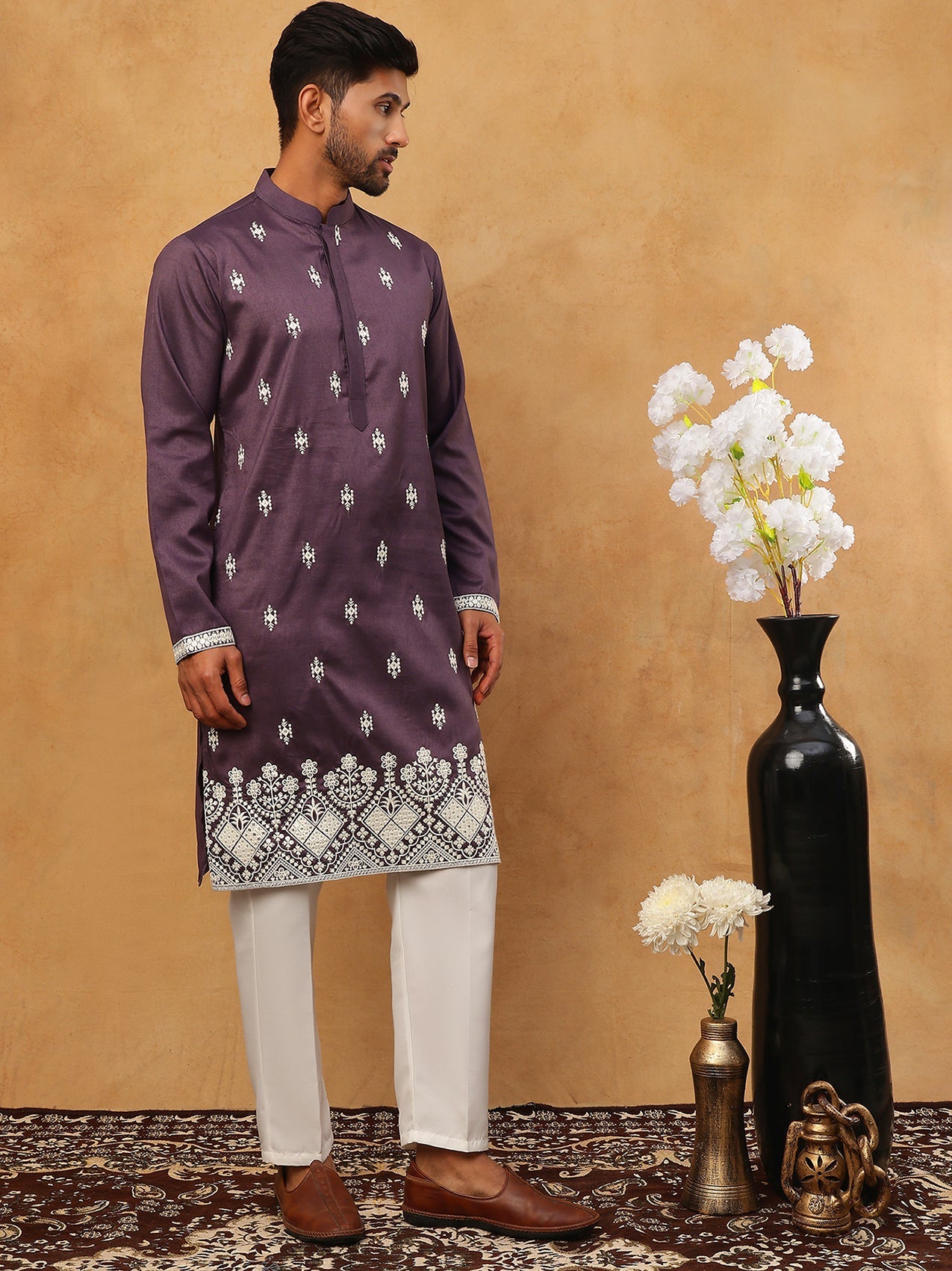 Traditional Silk Blend Embroidered Kurta Pyjama (65KP 5411 Purple ) [FF] [F-2-3]