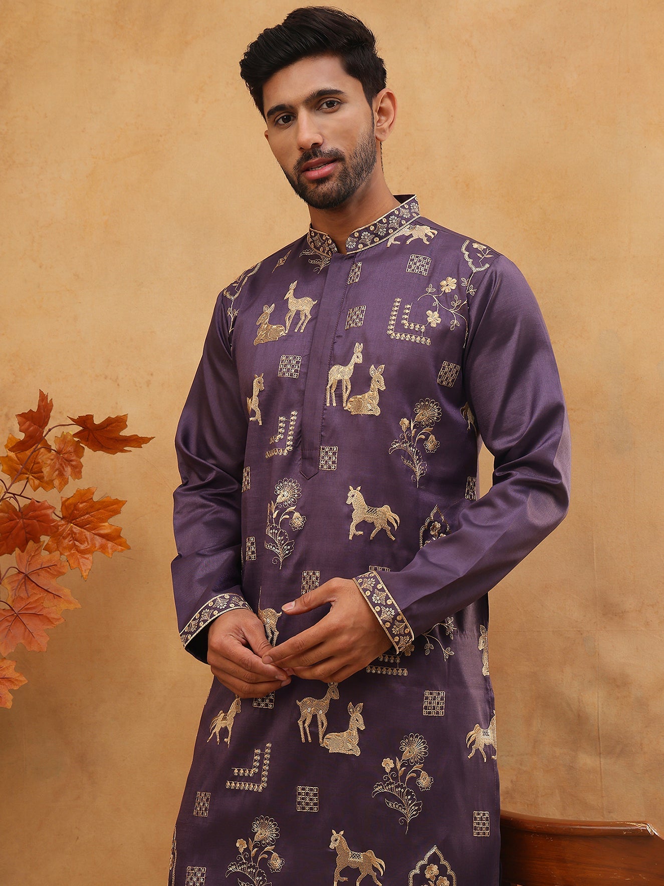 Men Silk Blend Kurta Pyjama with Embroidery (65KP 5412 Purple ) [FF] [F-3]