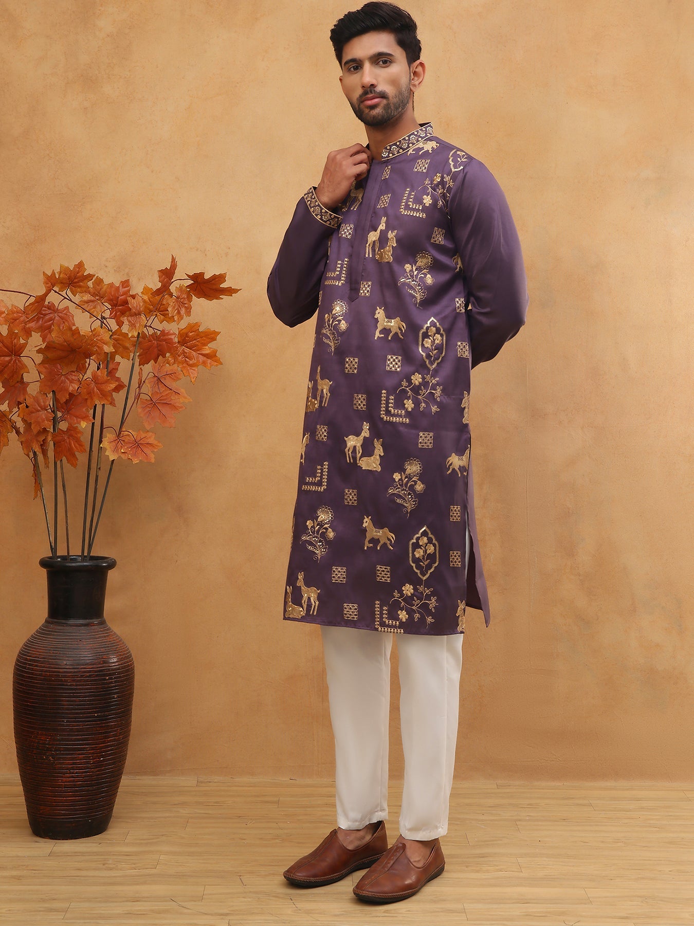 Men Silk Blend Kurta Pyjama with Embroidery (65KP 5412 Purple ) [FF] [F-3]