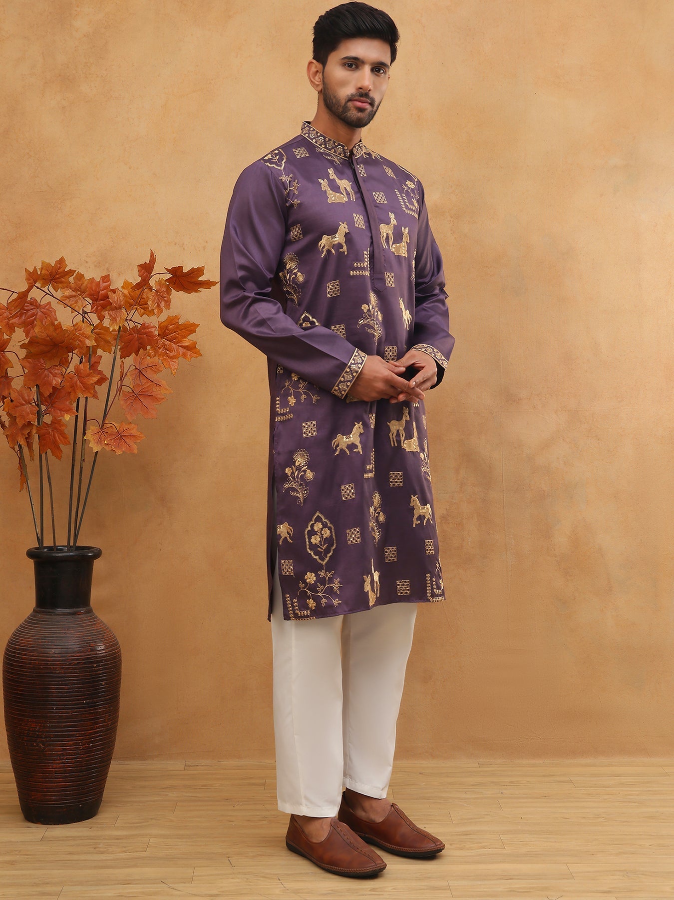 Men Silk Blend Kurta Pyjama with Embroidery (65KP 5412 Purple ) [FF] [F-3]