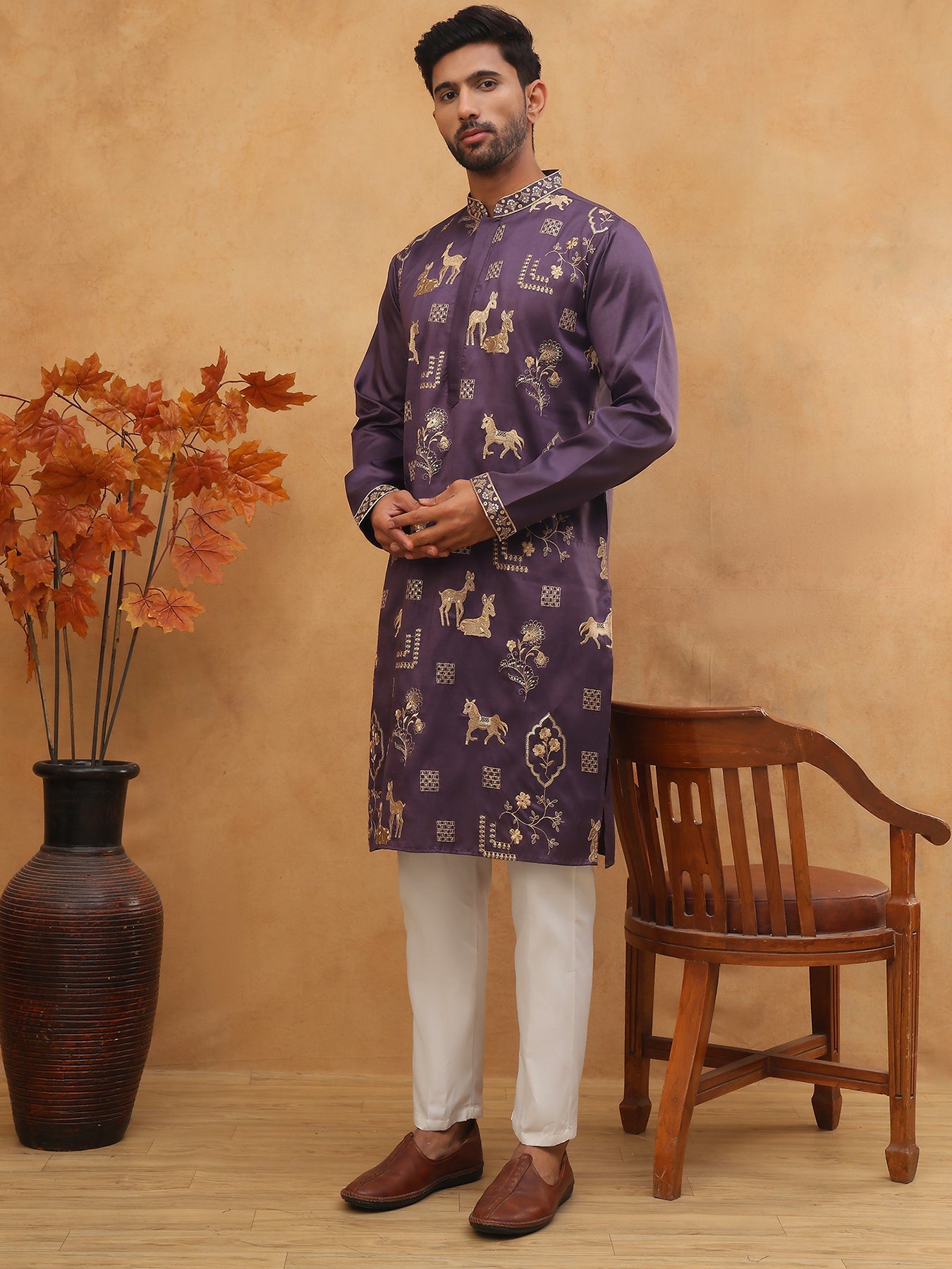 Men Silk Blend Kurta Pyjama with Embroidery (65KP 5412 Purple ) [FF] [F-3]